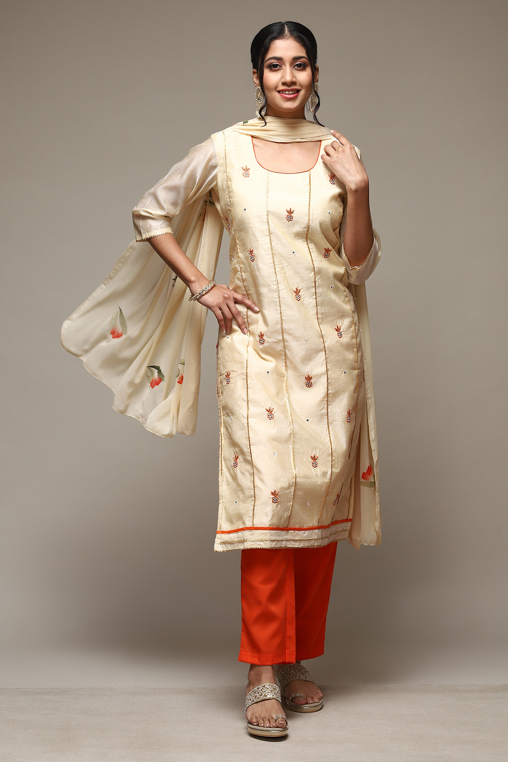 Mustard Chanderi Machine Embroidered Unstitched Suit Set image number 8