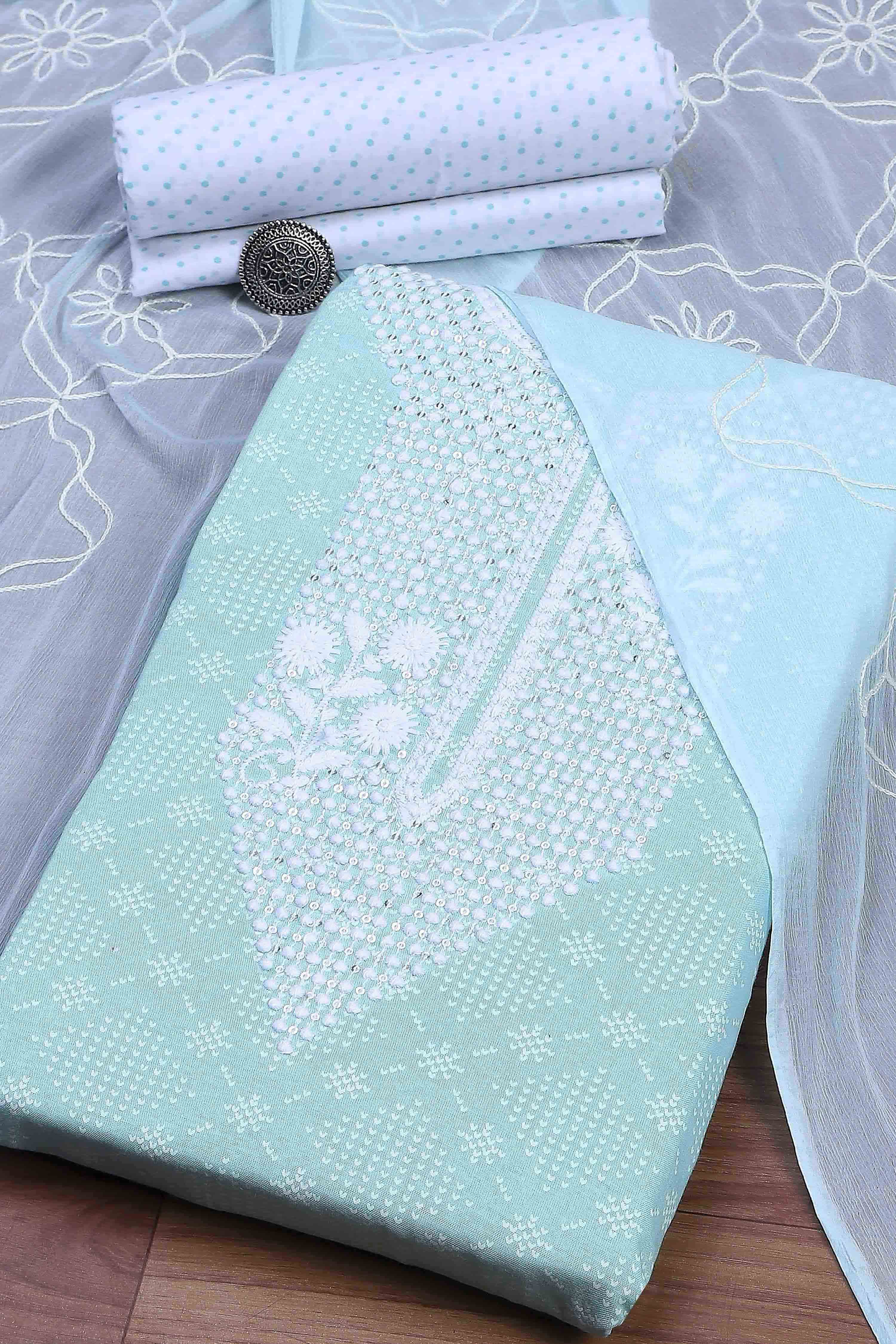 Blue Cotton Printed Embroidered Unstitched Suit Set image number 0