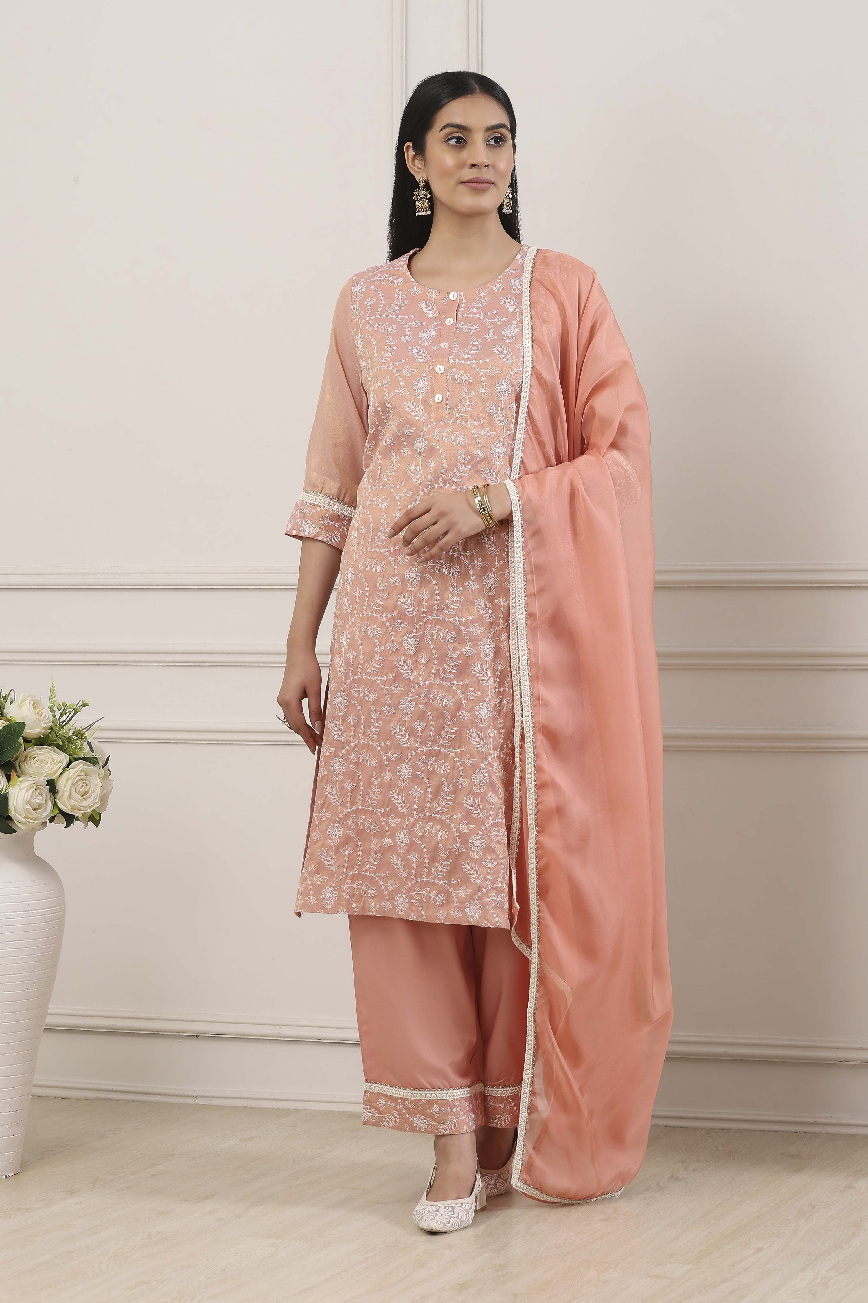 Yellow Zari Cotton Tissue Straight Suit Set image number 6