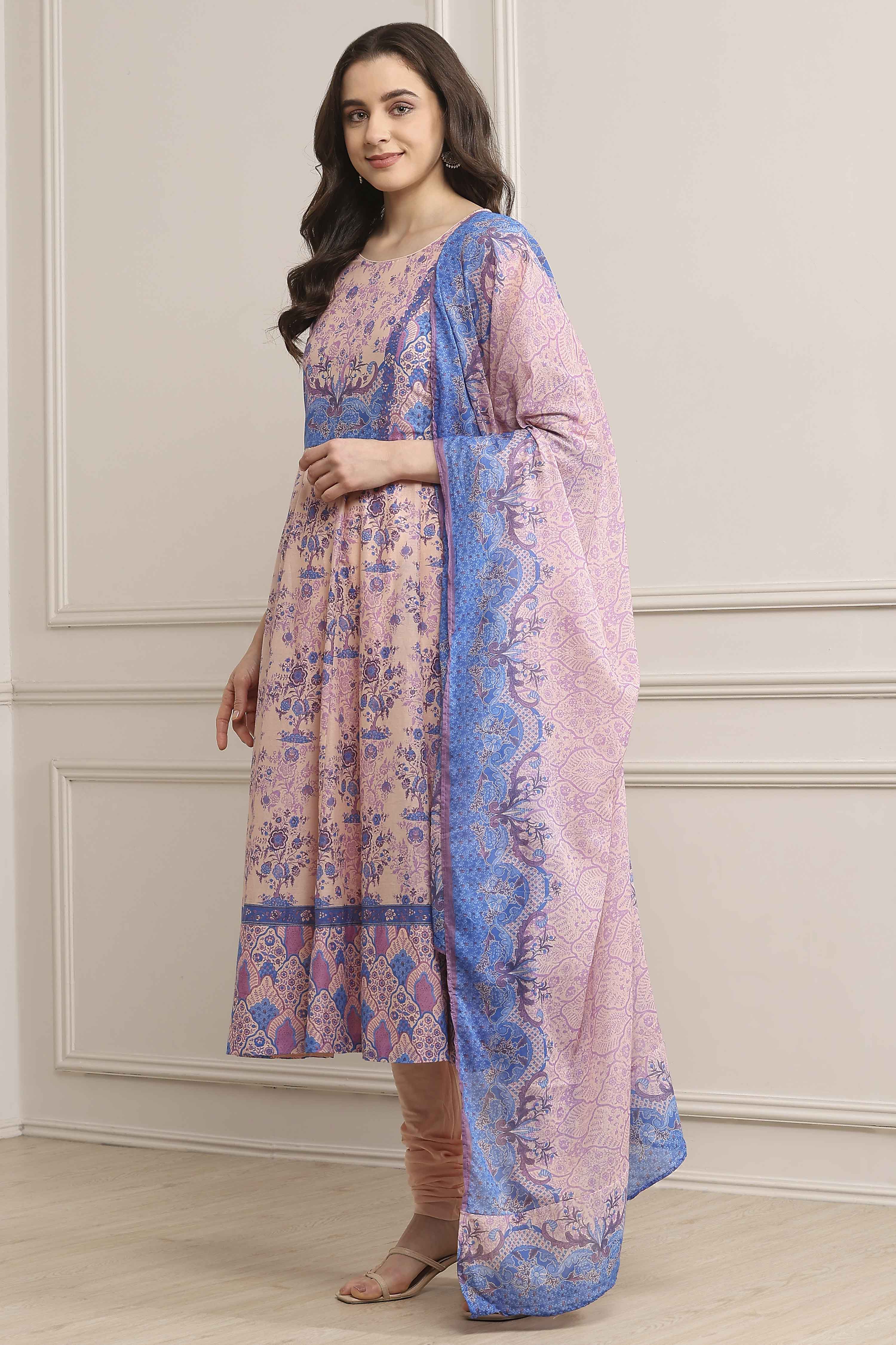 Blue Cotton Printed Anarkali Suit Set image number 3