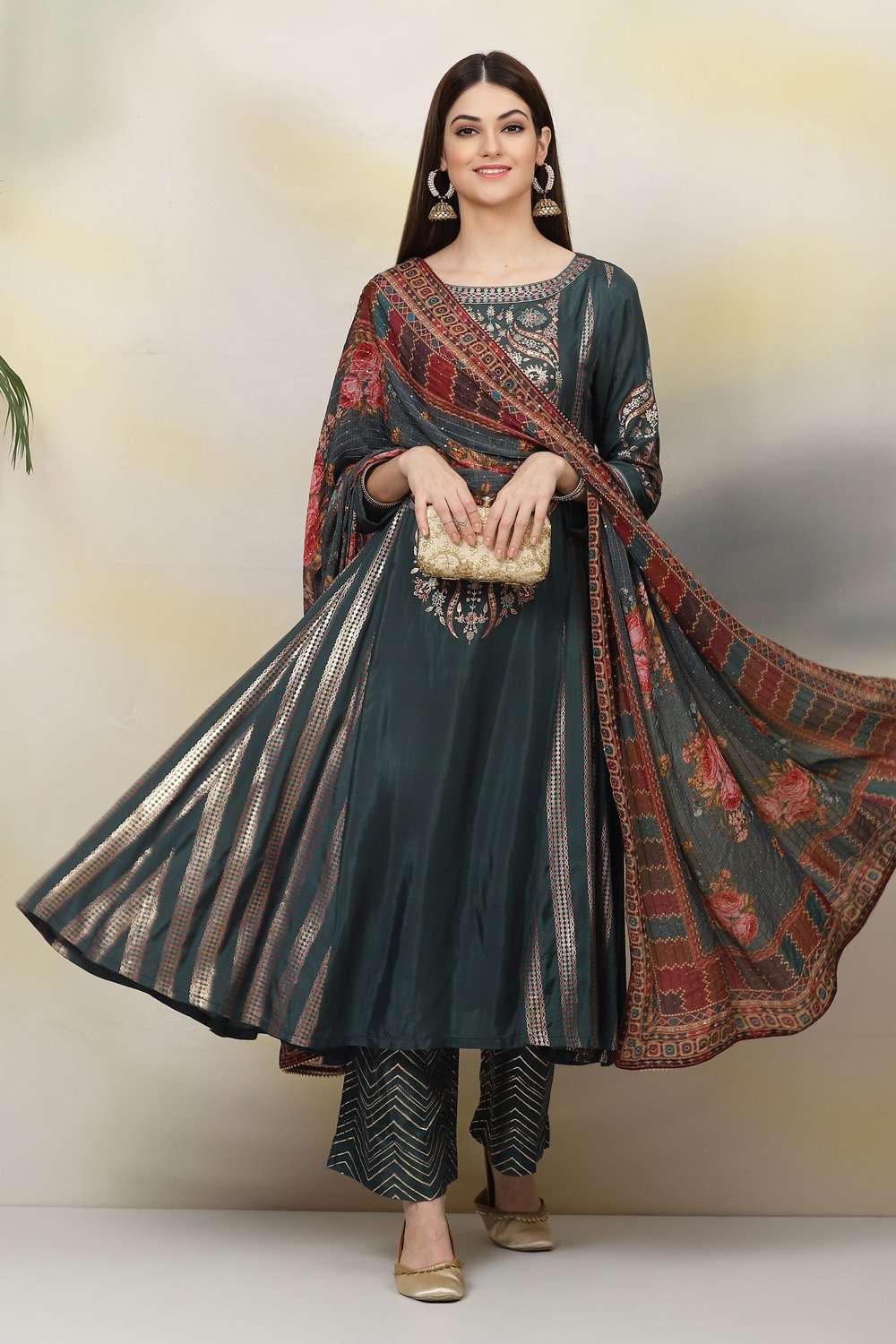 Tea Green Art Silk Kalidar Kurta Palazzo Suit Set image number 0