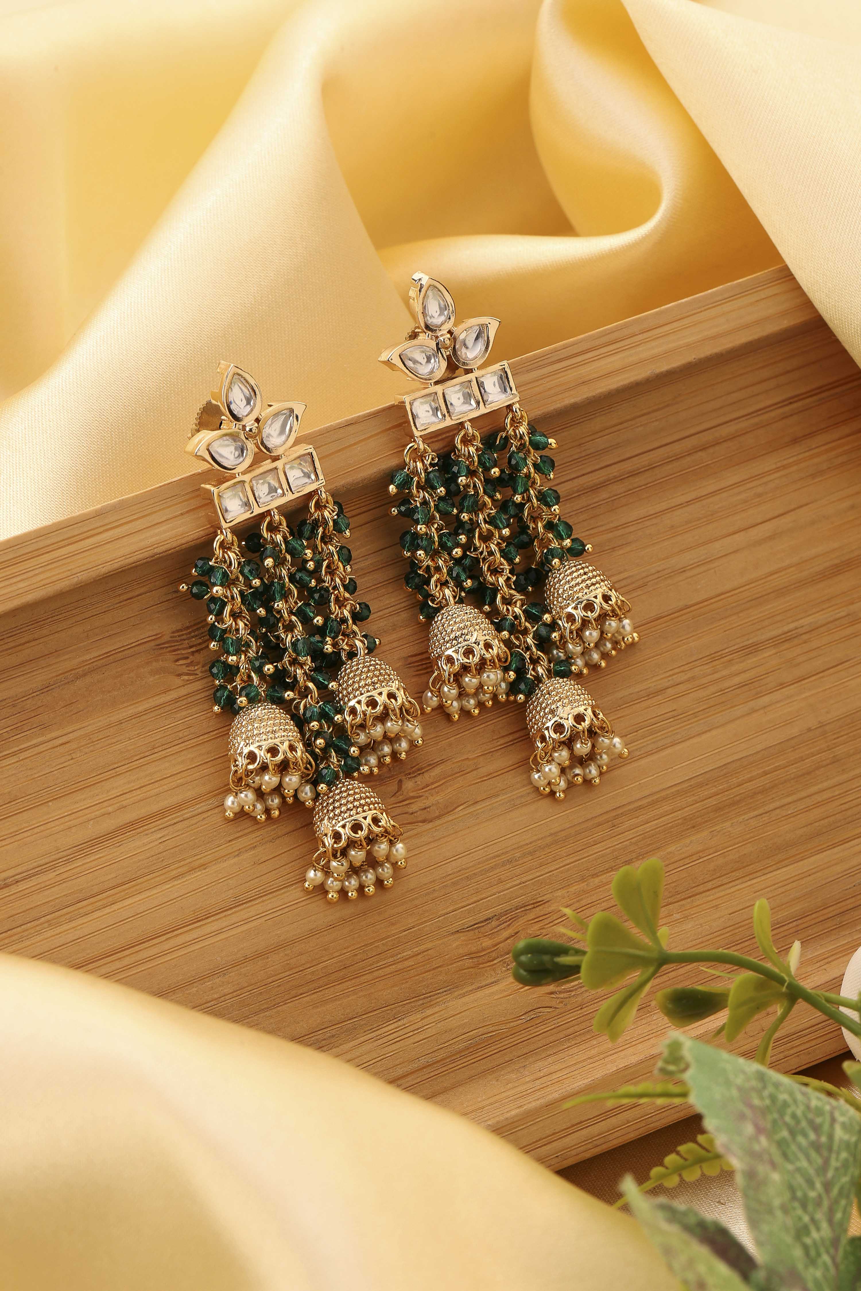 Green Brass Gold-Plated Drop and Dangler Earrings image number 0