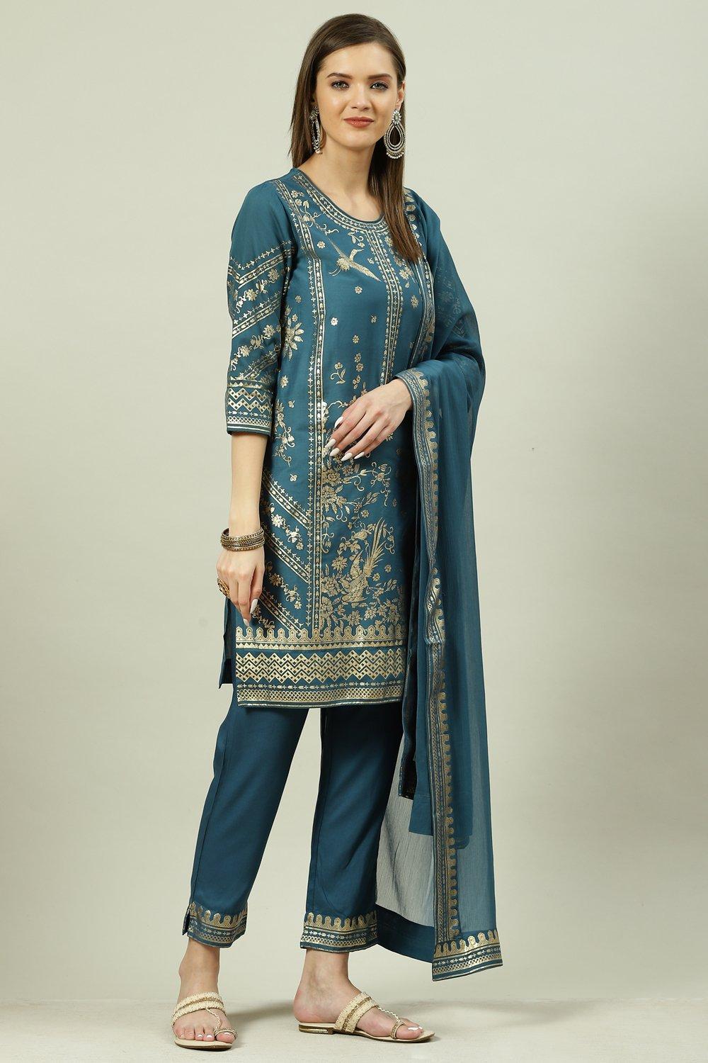 Teal Printed Straight Kurta Slim Pant Suit Set image number 0