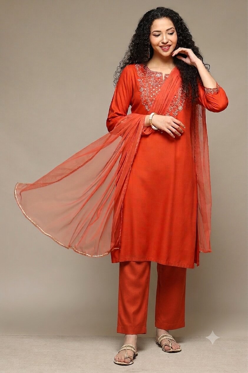 Burnt Orange Rayon Straight Kurta Pants Suit Set image number 0