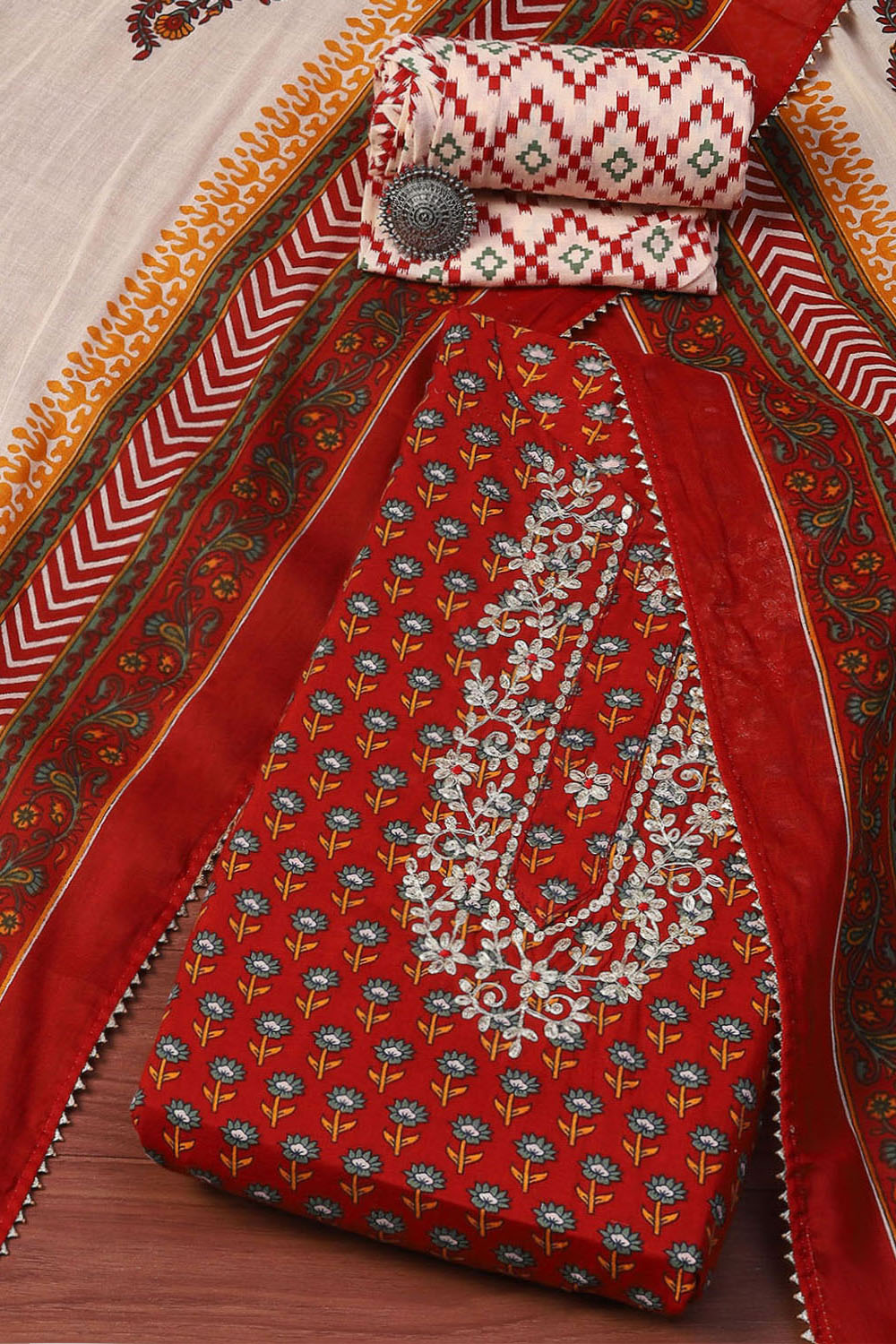 Red Cotton Unstitched Suit set image number 0