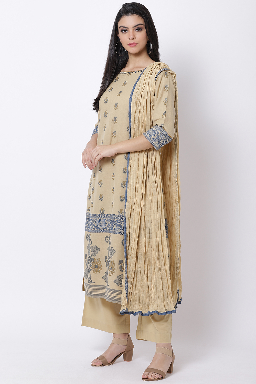 Beige Cotton Straight Kurta Palazzo Suit Set image number 2