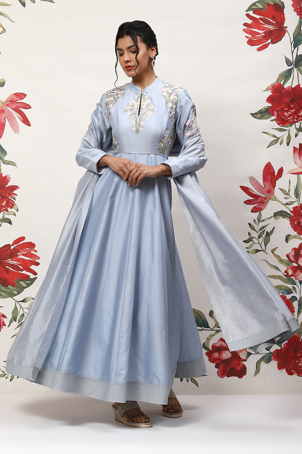 Rohit Bal Powder Blue Cotton Blend Anarkali Kurta Suit Set image number 7