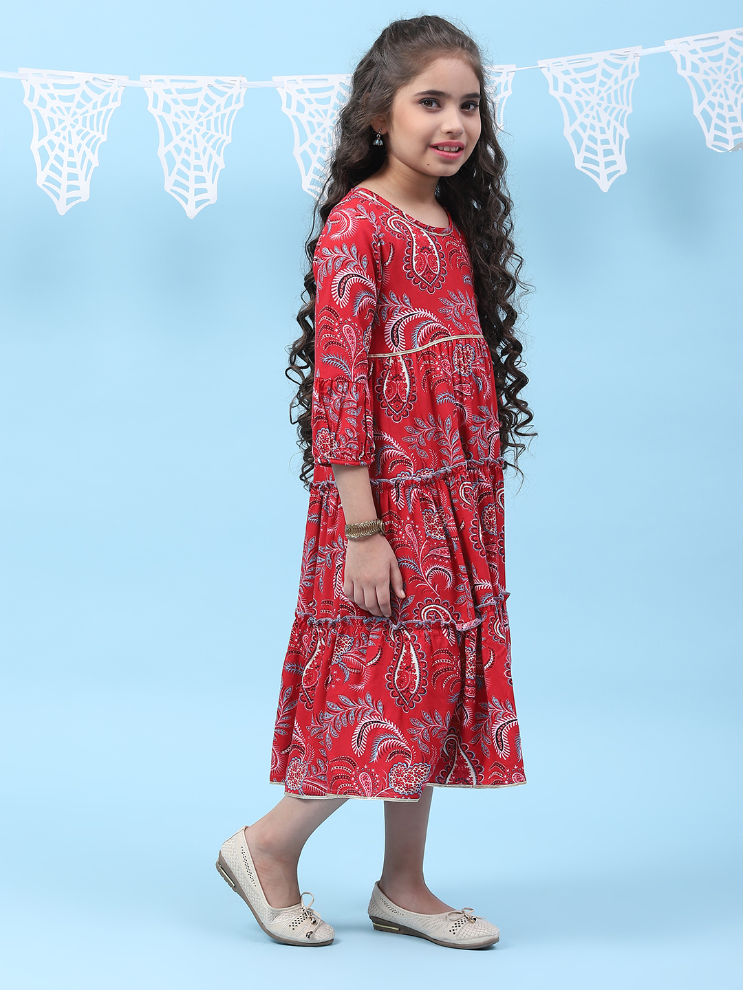 Red Rayon Tiered Printed Kurta Dress image number 3