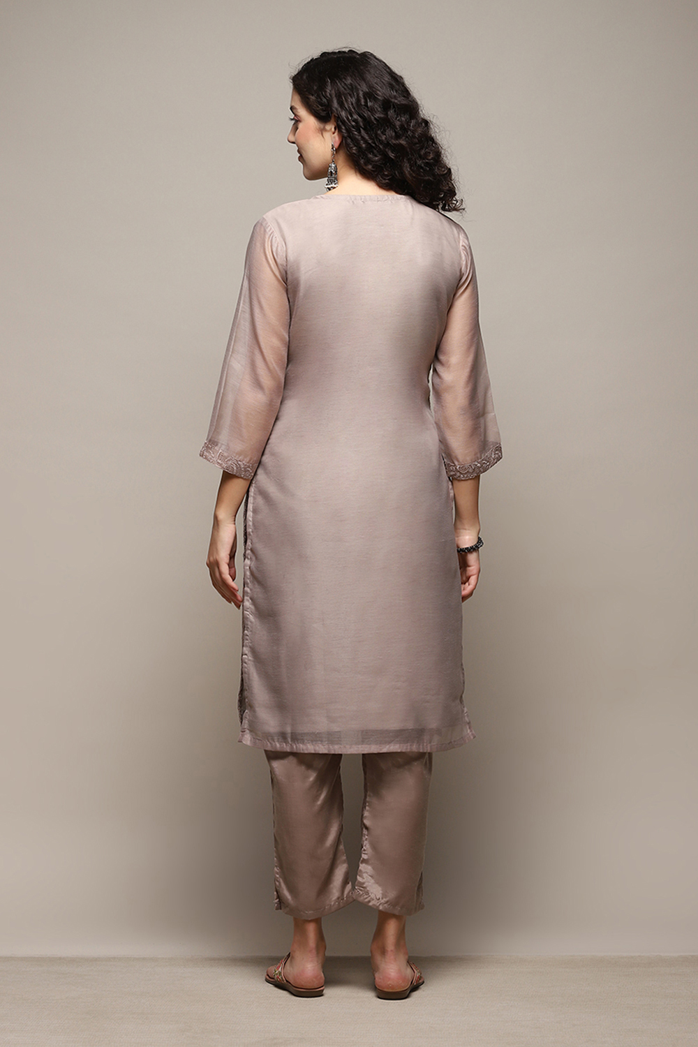 Beige Linen Blend Unstitched Suit Set image number 6