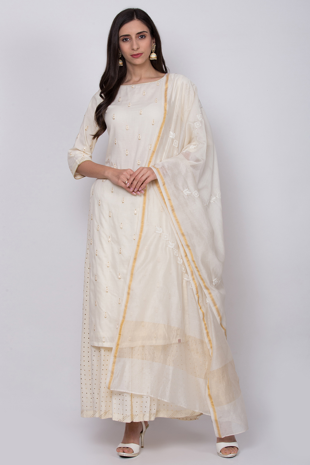Off White Cotton Kurta Sharara Kurta Sharara Suit Set image number 0