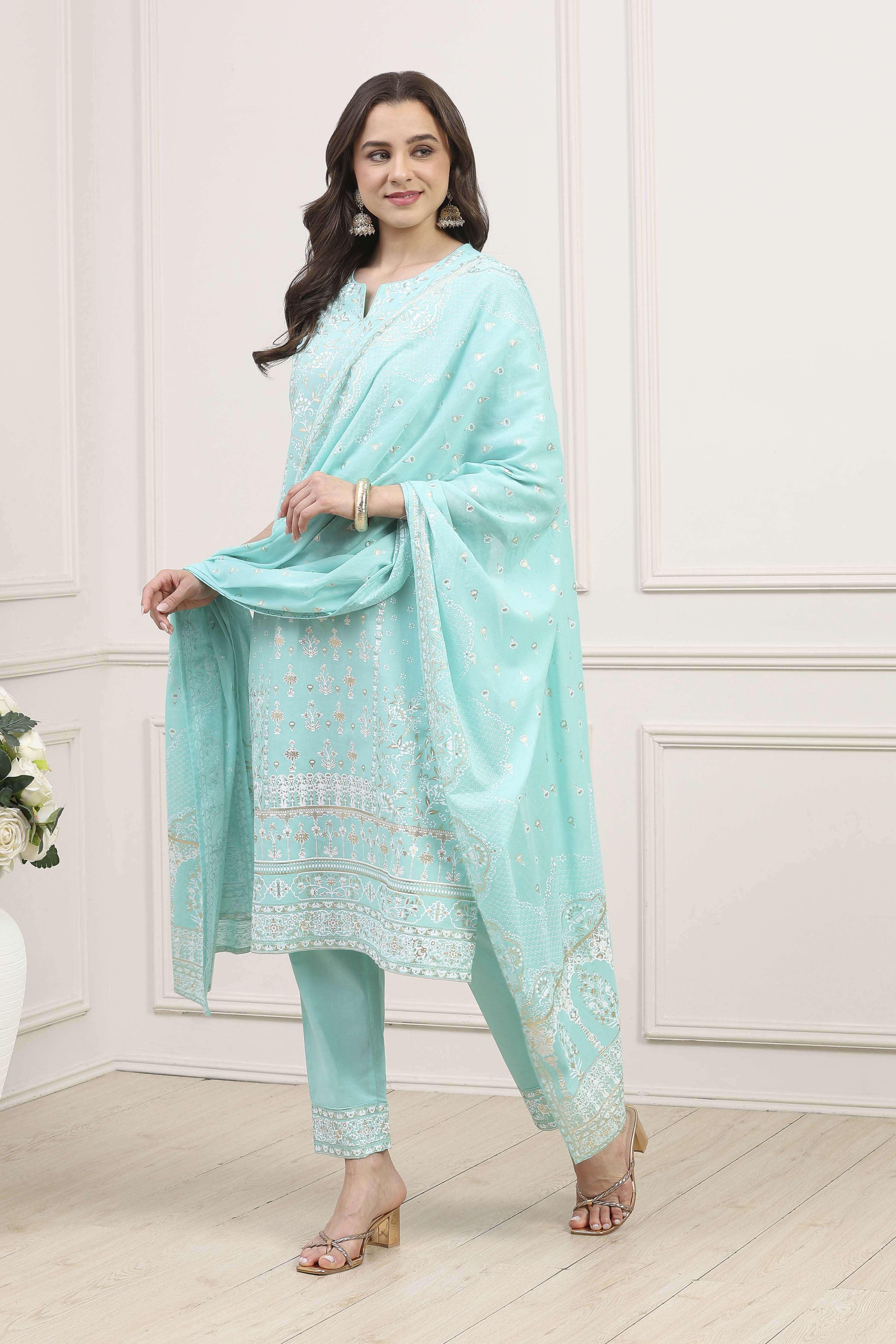 Sea Green Cotton Straight Kurta Pants Suit Set image number 3