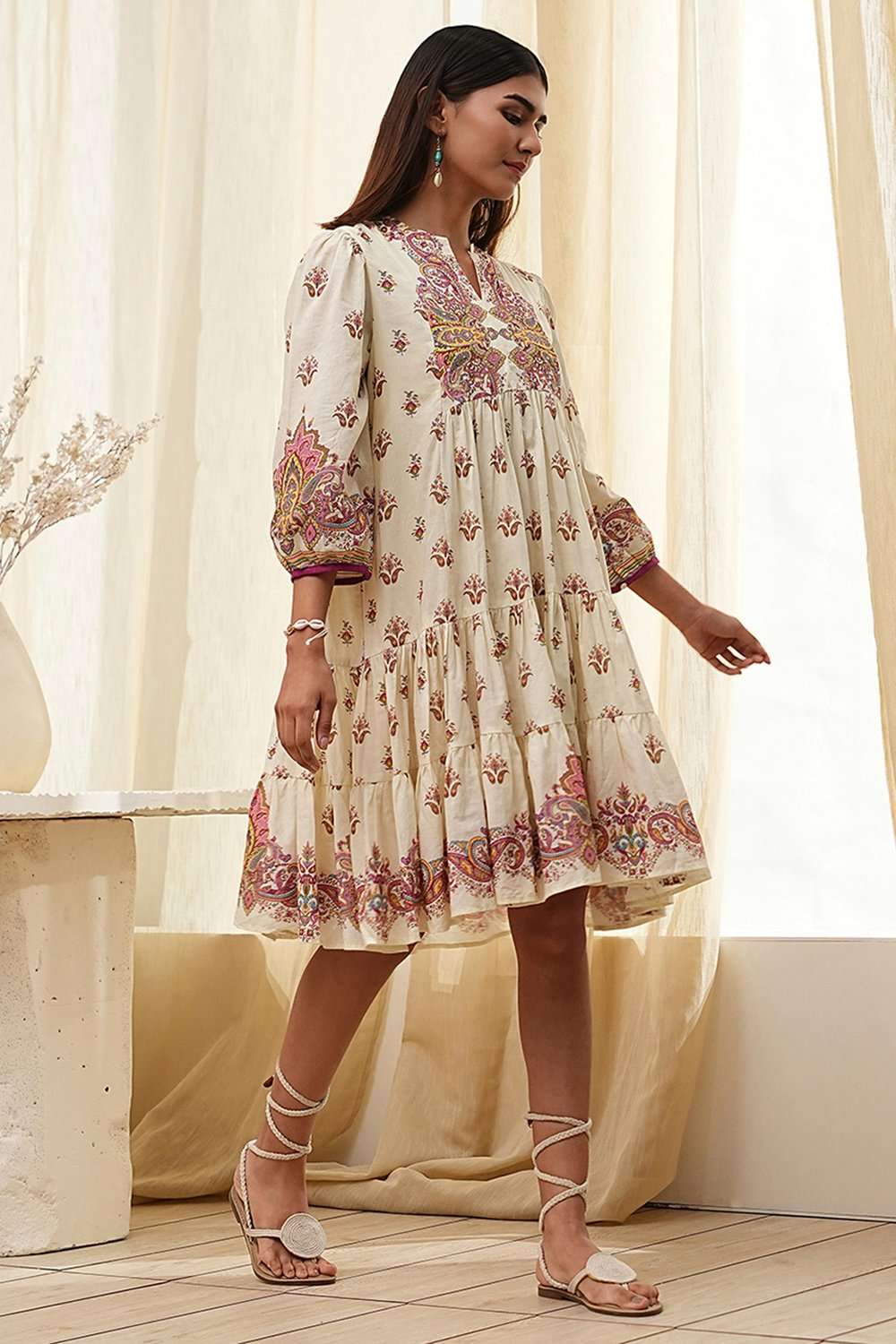 Beige Cotton Printed Tiered Dress image number 4
