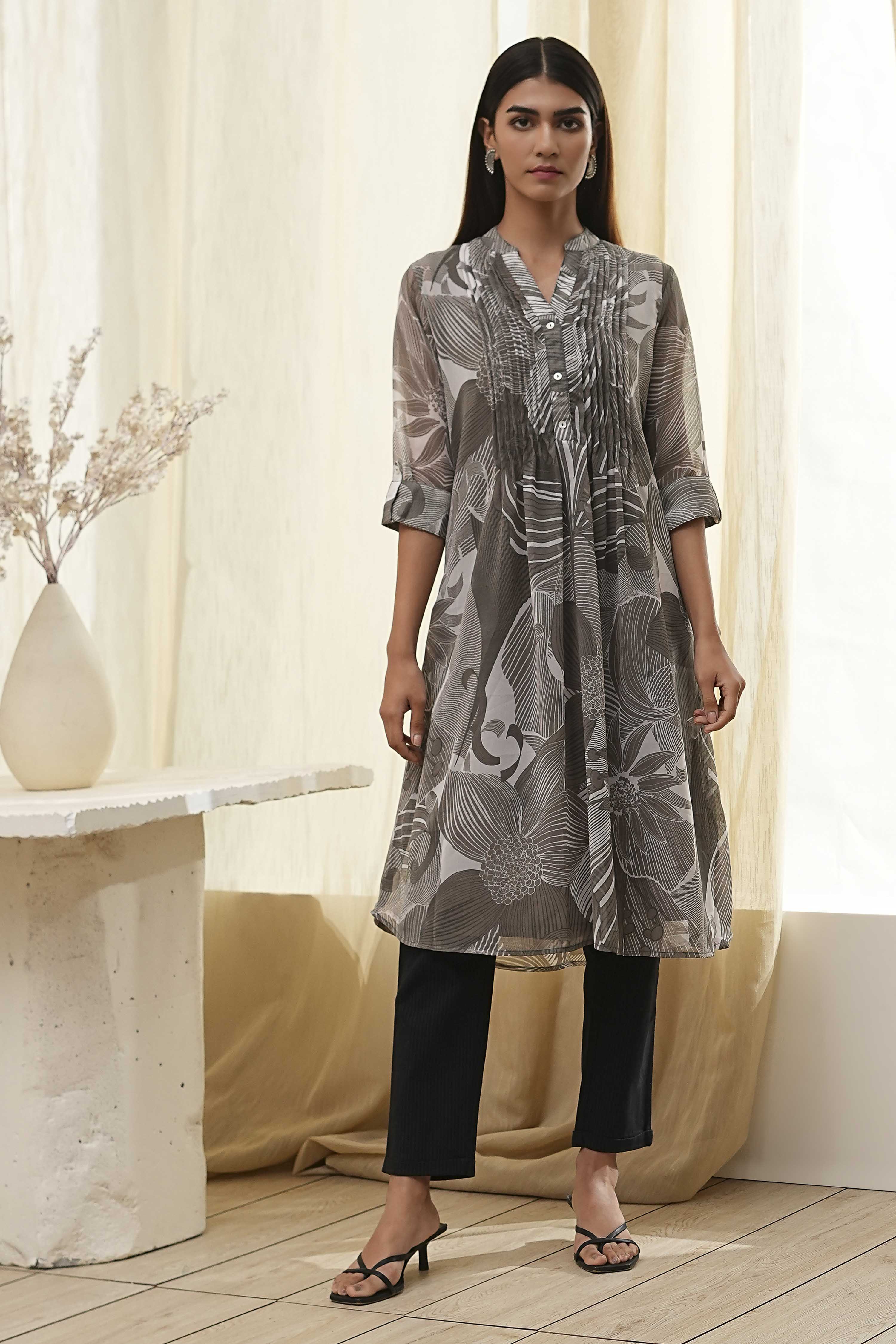 Blue Printed Pleated A-Line Kurta image number 5