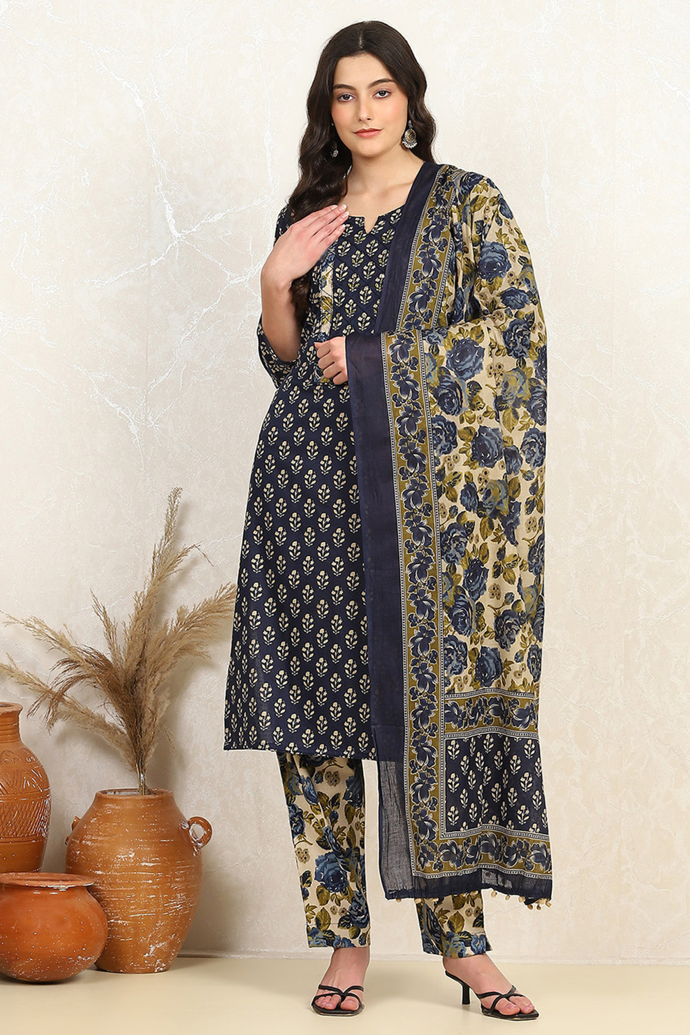 Rust Cotton Unstitched Suit Set image number 7
