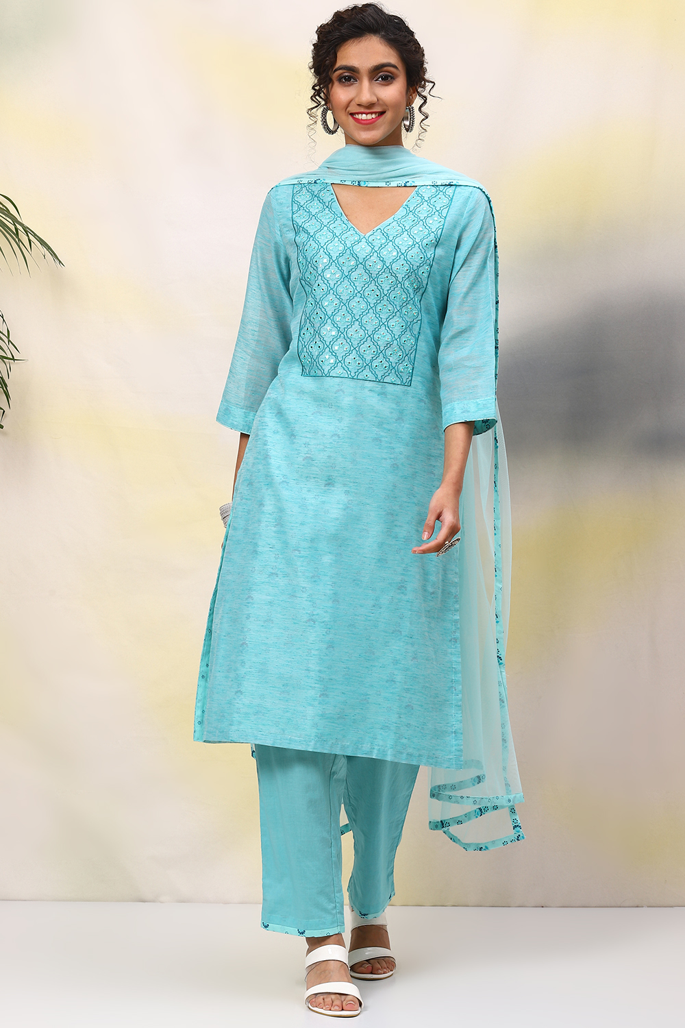 Blue Poly Cotton Straight Kurta Regular Pant Suit Set image number 0