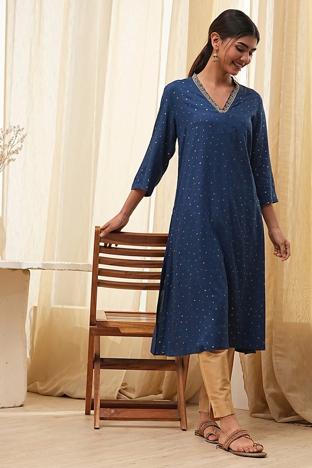 Blue Foil Printed Straight Kurta image number 0
