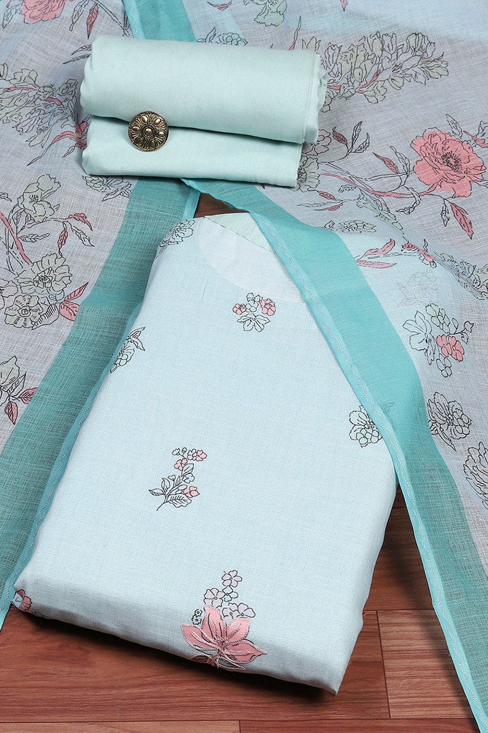 Sea Green Linen Unstitched Suit Set image number 0