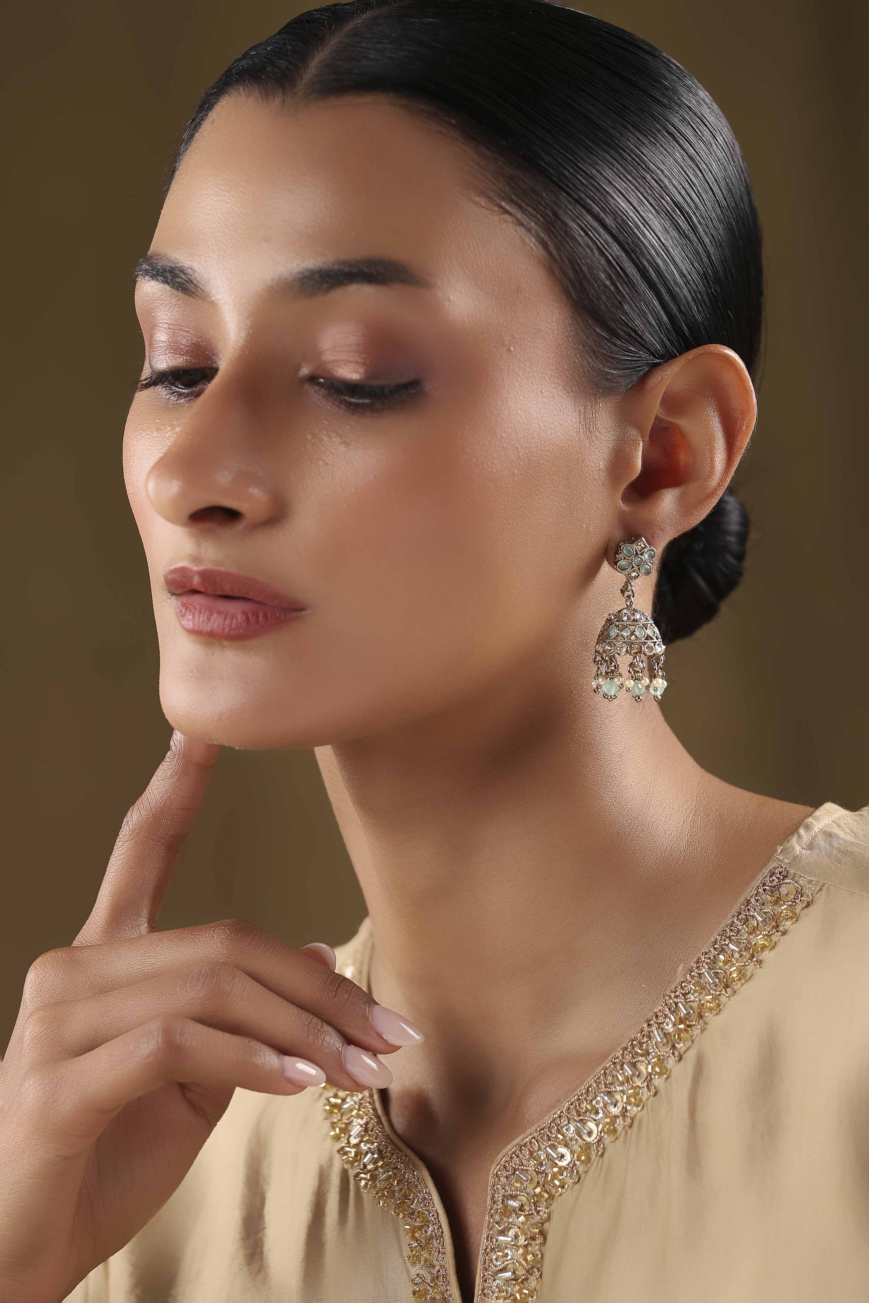 Mint Green Alloy Jhumka image number 3