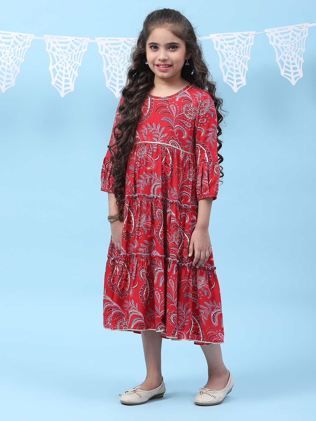 Red Rayon Tiered Printed Kurta Dress image number 2