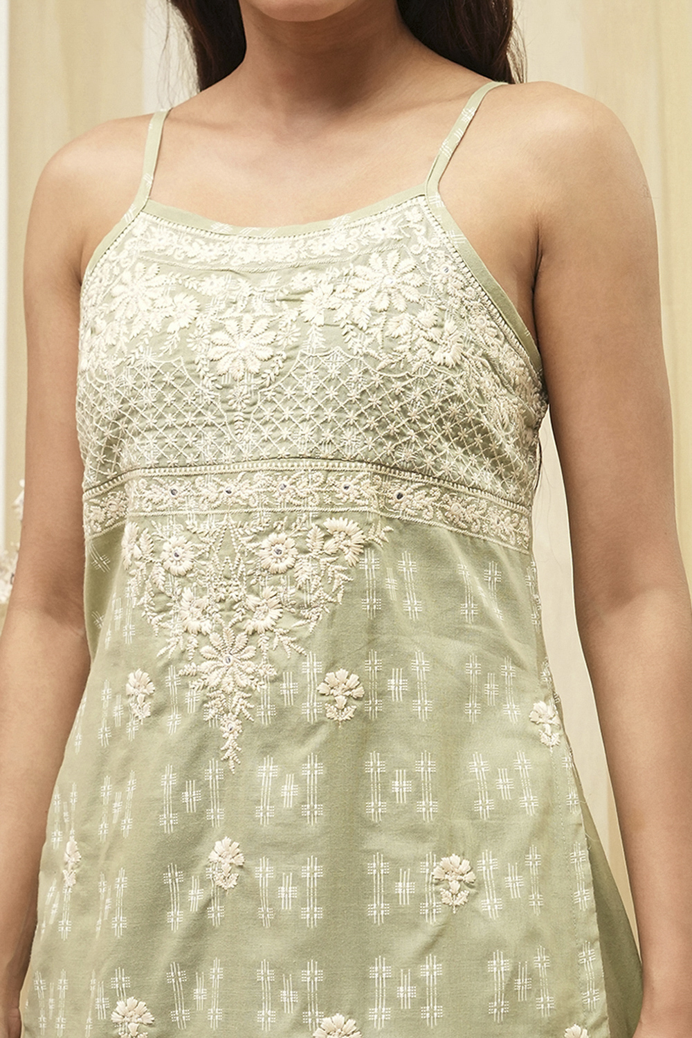 Green Cotton Floral Strappy Straight Suit Set image number 1