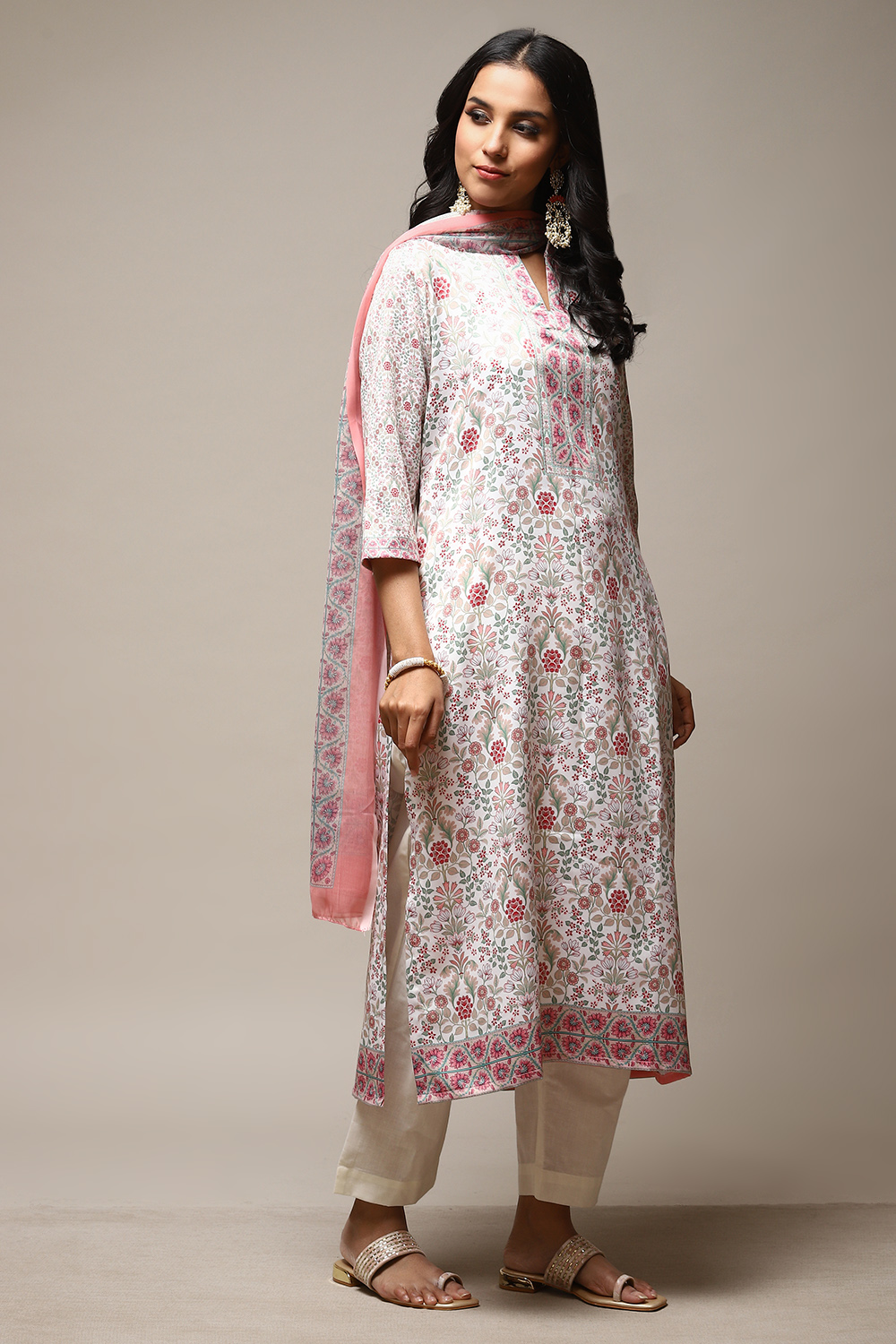 Off White Cotton Screen Print Unstitched Suit Set image number 12