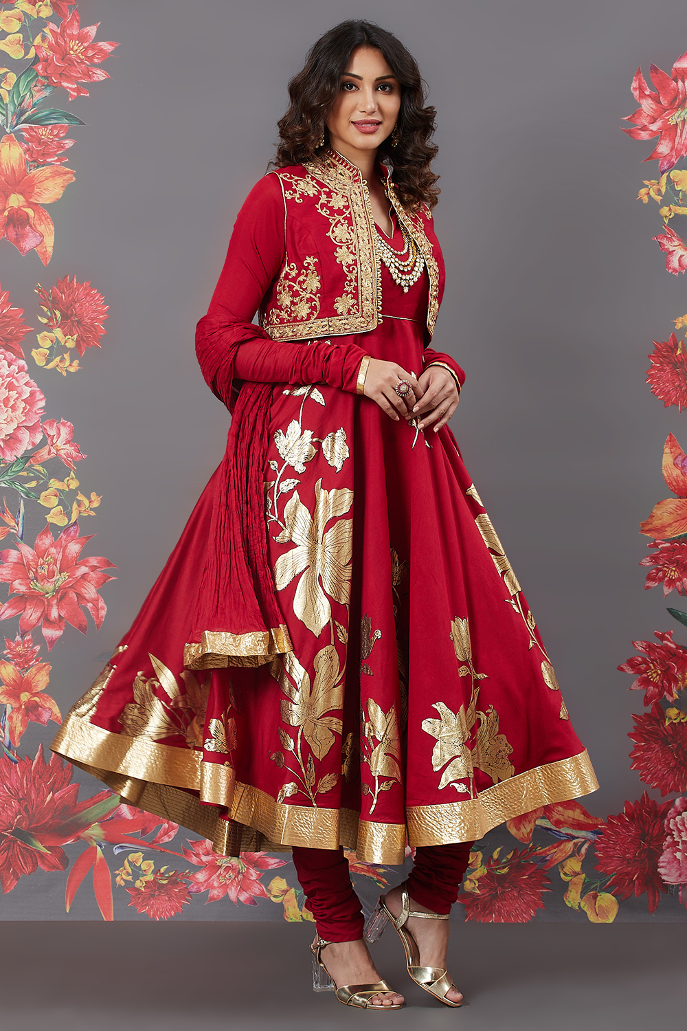 Rohit Bal Red Cotton Silk Anarkali Printed Suit image number 6