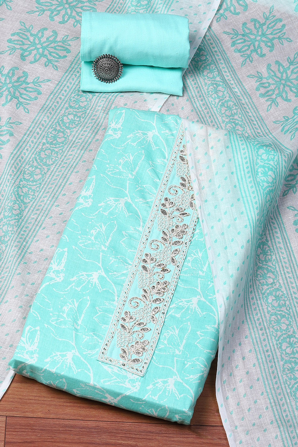 Green Cotton Hand Embroidered Unstitched Suit Set image number 0