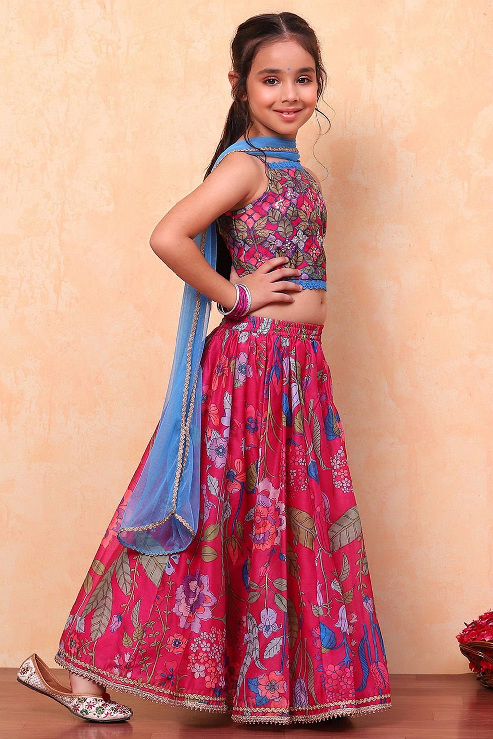 Pink Poly Chanderi Floral Printed Lehenga Set image number 3