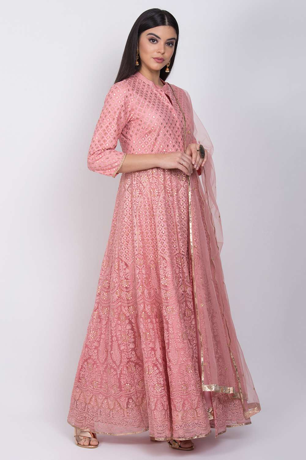 Dusky Pink Front Open Anarkali Kurta Lehenga Suit Set image number 5