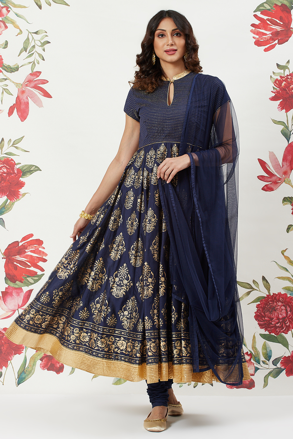 Rohit Bal Navy Blue Chanderi Silk Anarkali Solid Suit Set image number 4