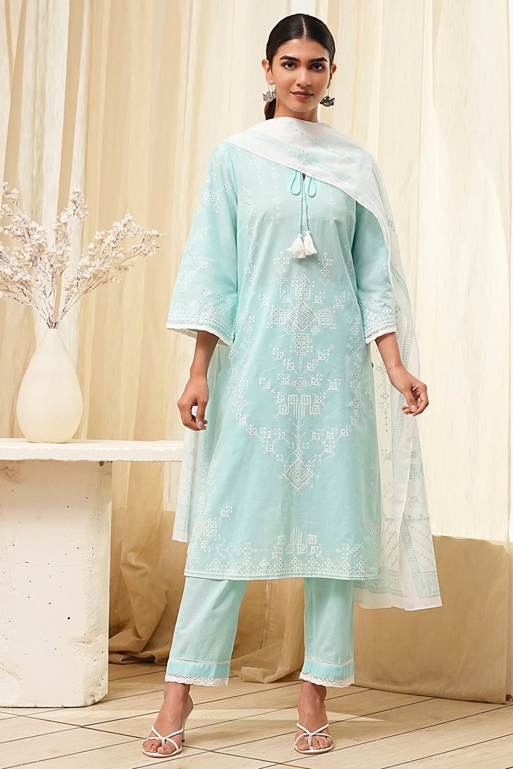 Aqua Cotton Printed Straight Suit Set image number 6