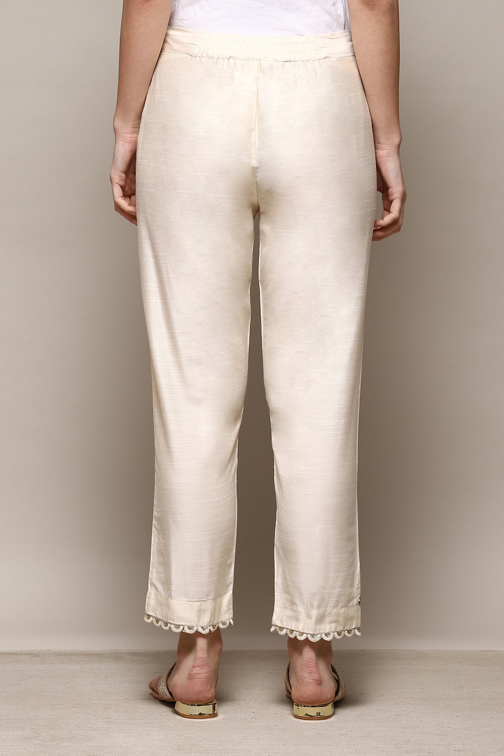 Cream Polyester Slim Yarndyed Pants image number 4