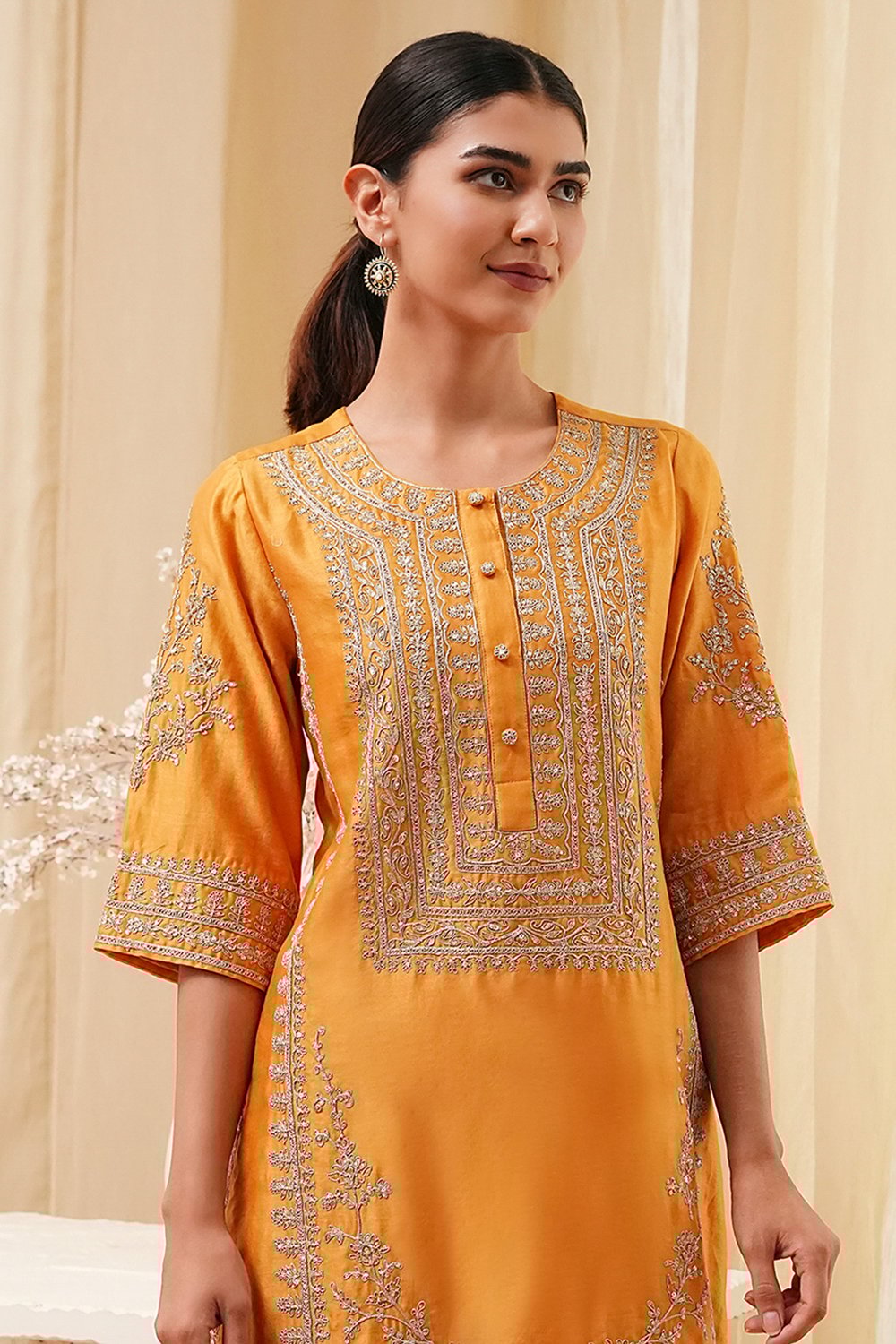 Ochre Yellow Cotton Silk Straight Suit Set image number 2