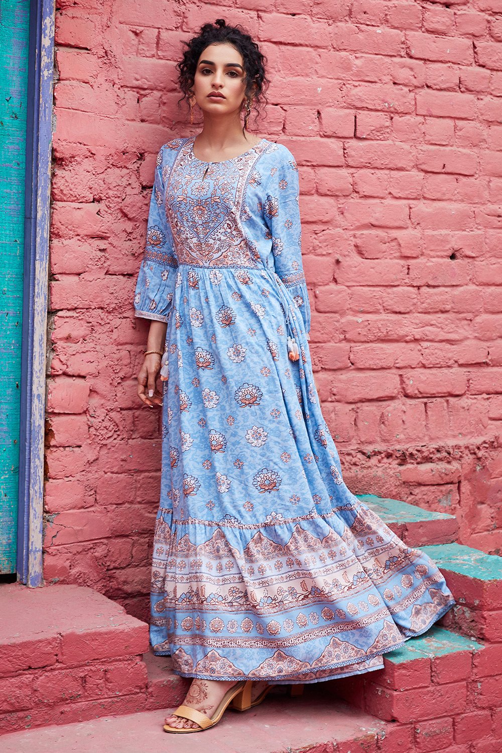 Sky Blue Viscose Tiered Dress image number 6