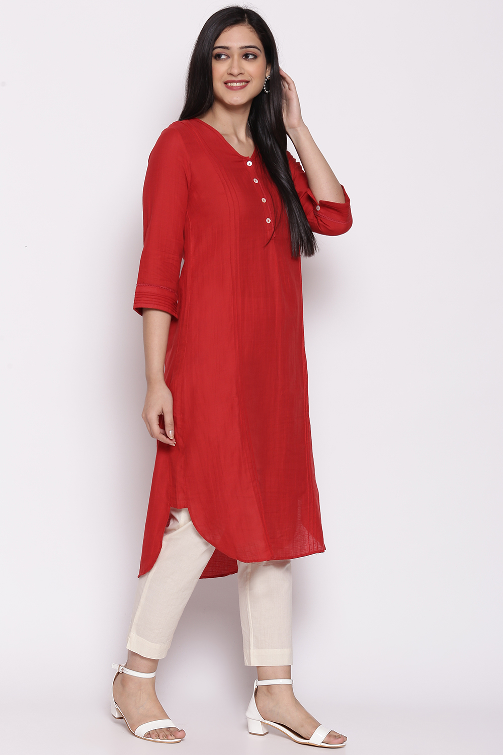 Red Cotton Solid Kurti image number 3