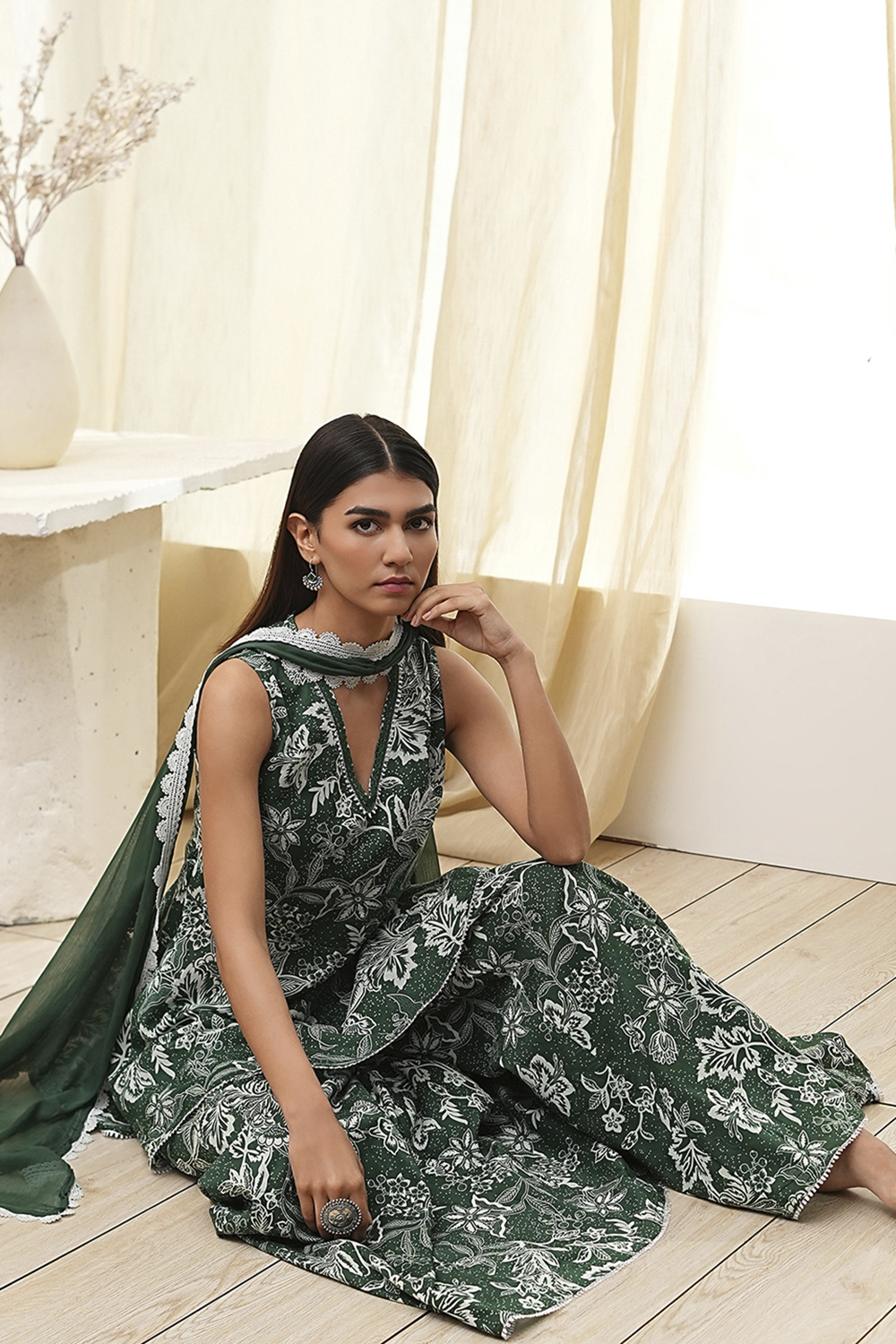 Green Cotton Floral Peplum Suit Set image number 0