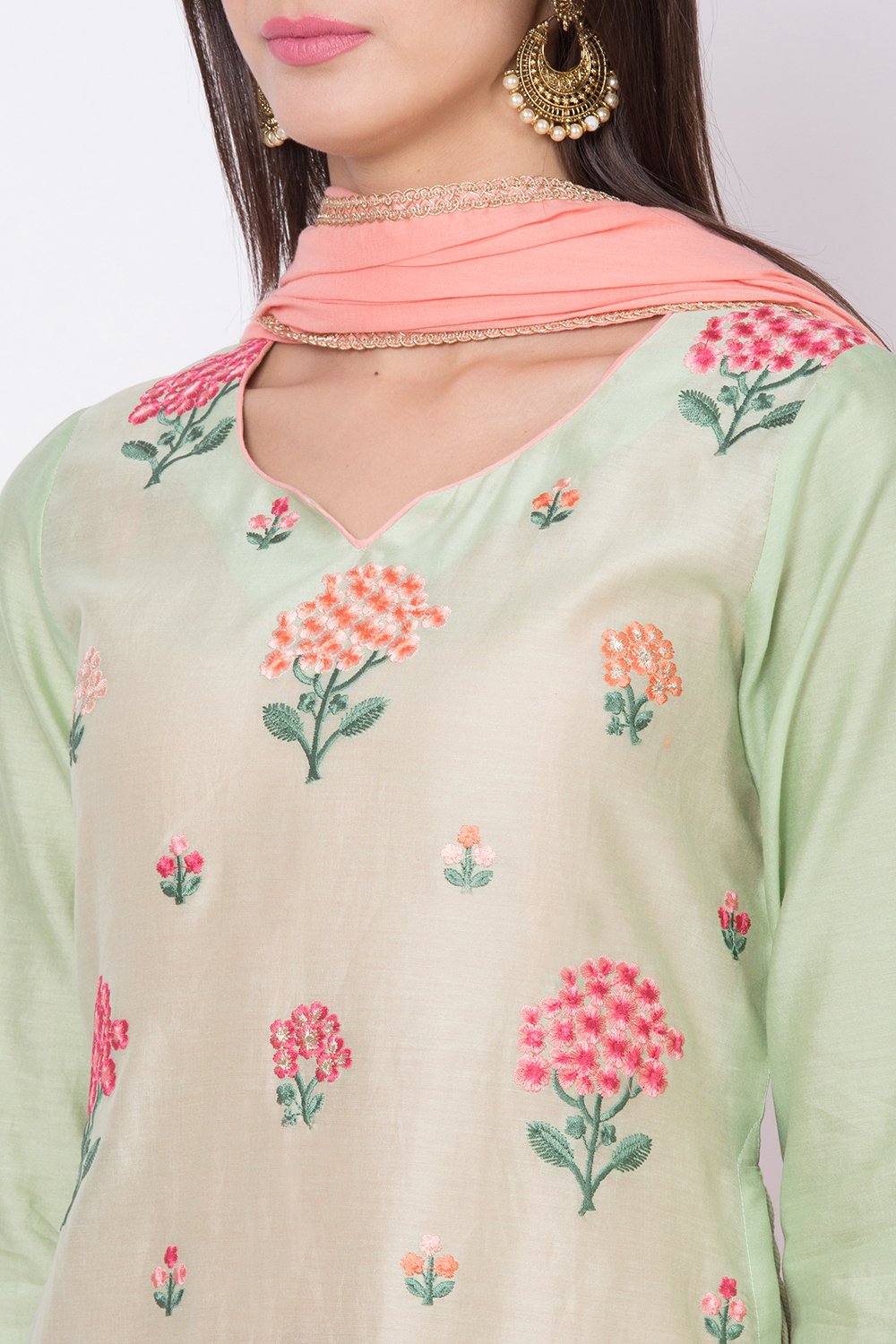 Green Cotton Silk A-Line Kurta Churidar Suit Set image number 1