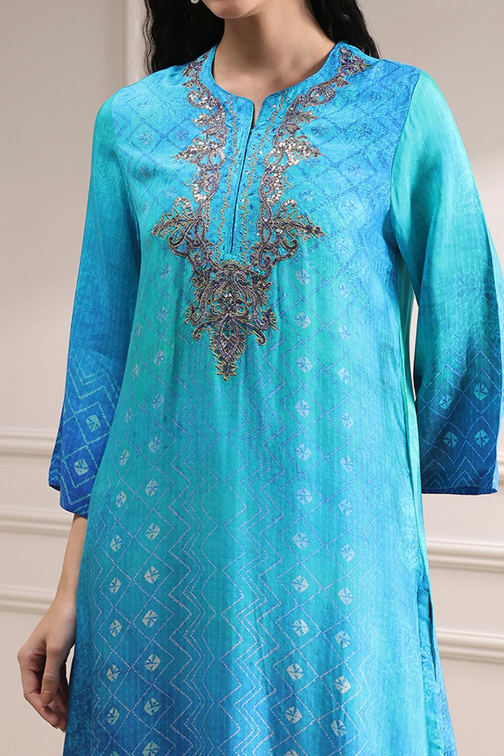 Turquoise Printed Straight Suit Set image number 1
