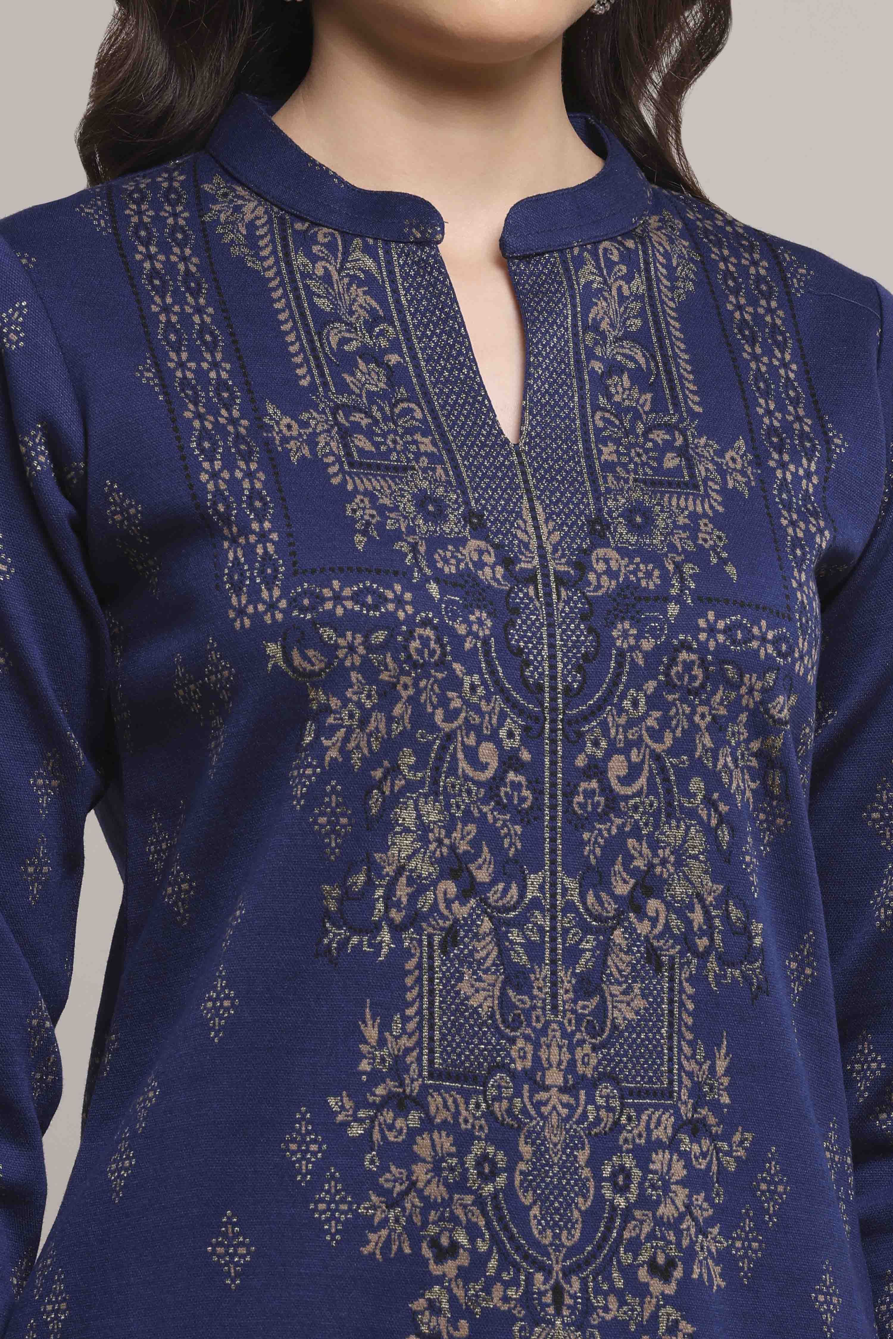 Navy Blue Yarn-Dyed Printed Straight Winter Kurta image number 1