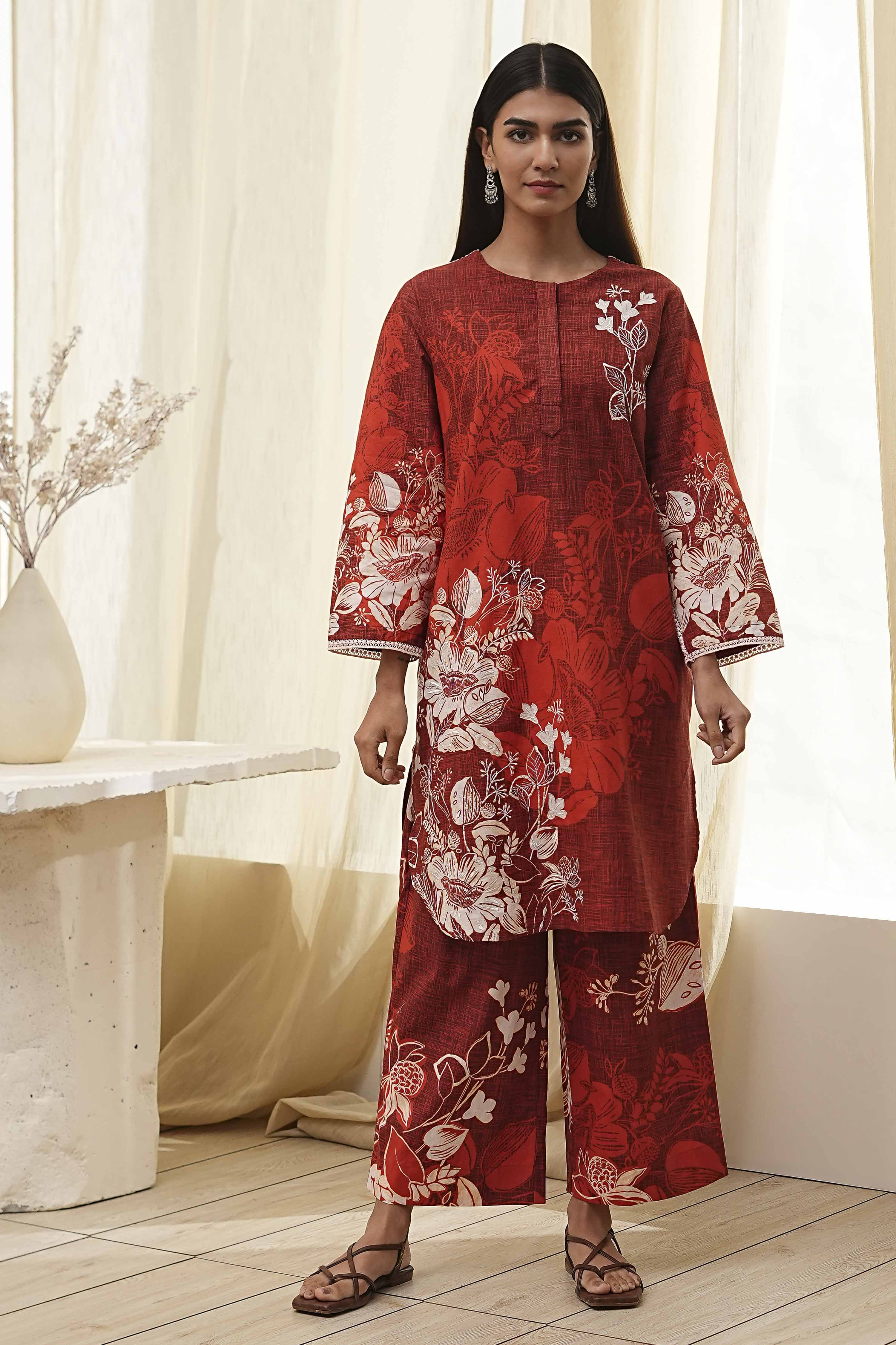 Rust Cotton Floral Straight Kurta Set image number 6