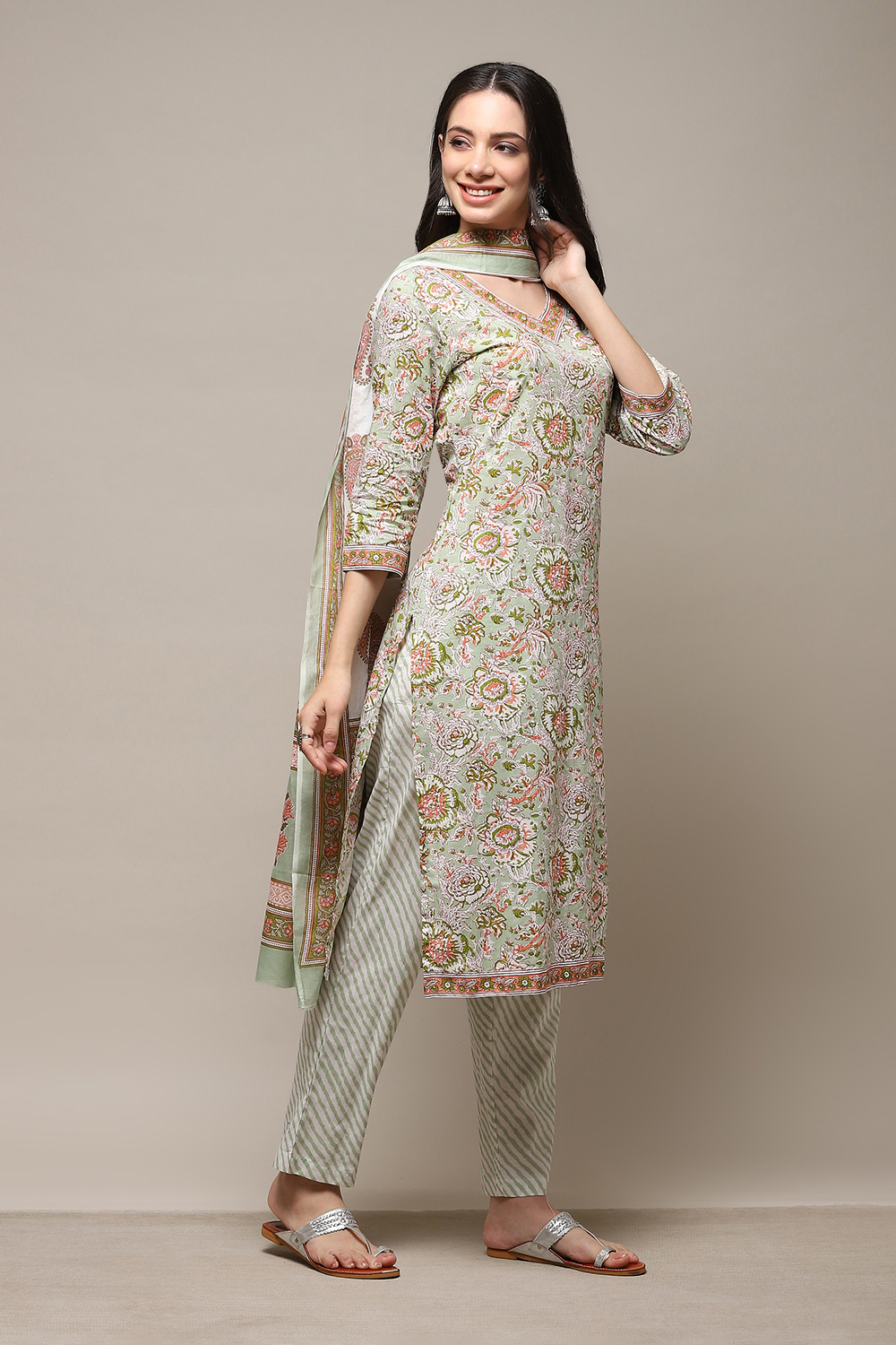 Dull Green Cotton Panelled Unstitched Suit Set image number 7