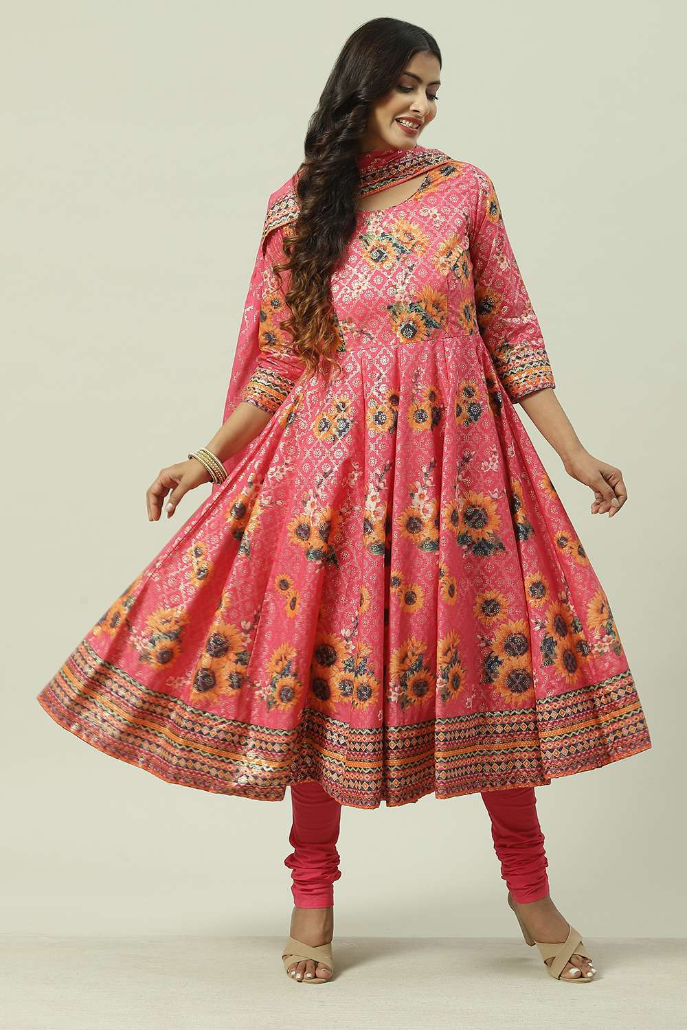 Fuchsia Cotton Anarkali Kurta Churidar Suit Set image number 7