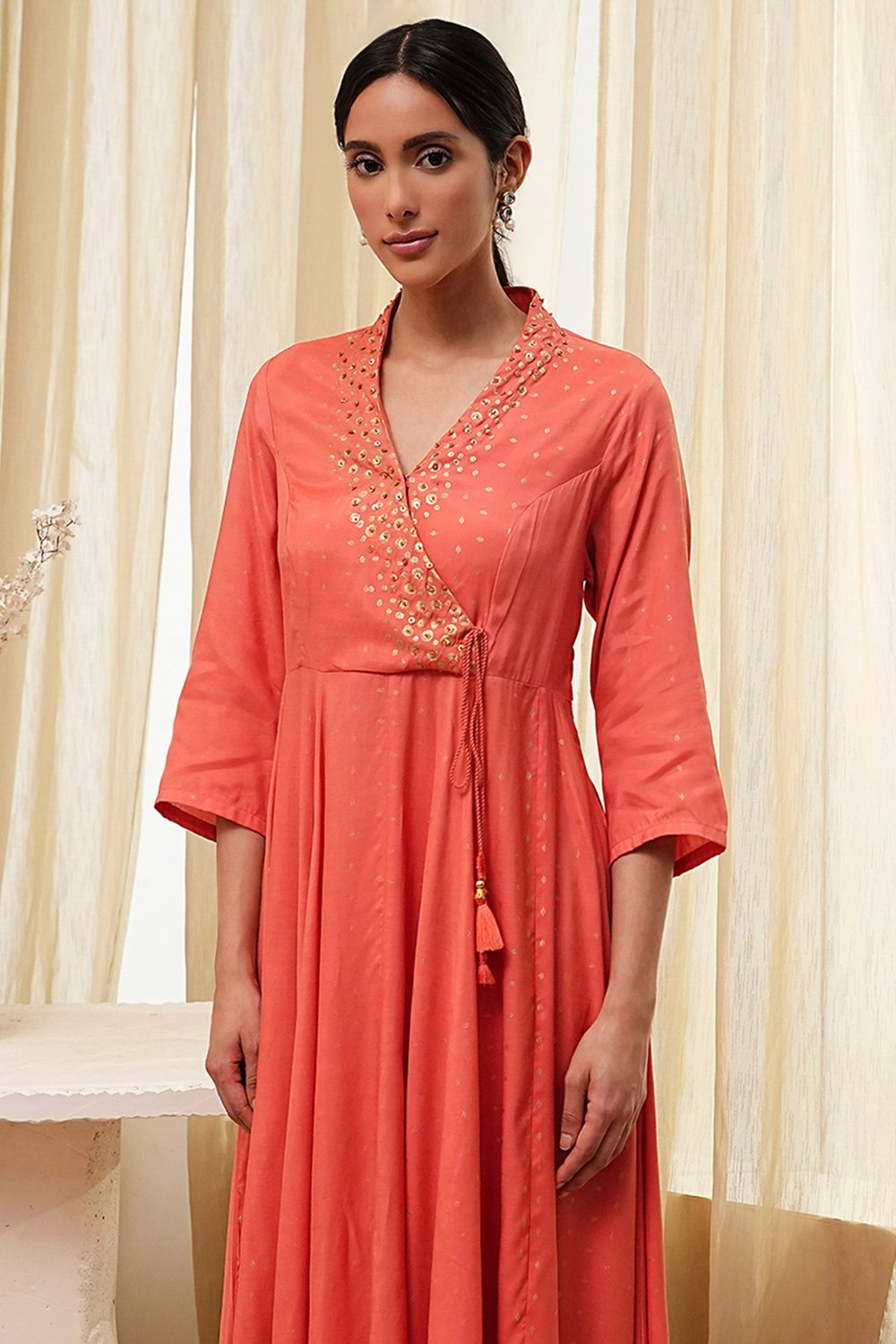 Peach Modal Printed Angrakha Anarkali Suit Set image number 1