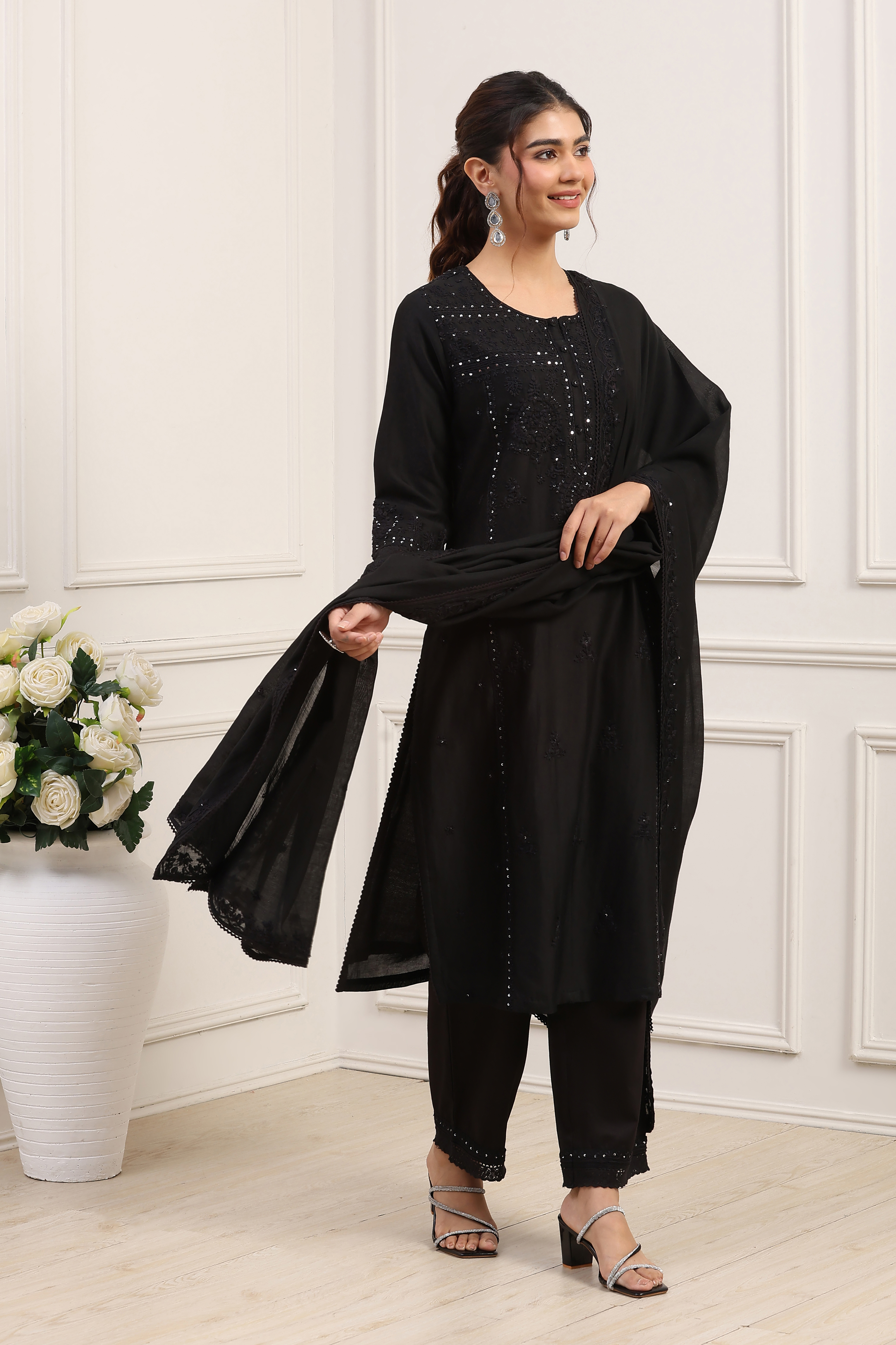 Black Silk Chanderi Sequined Straight Kurta Set image number 5