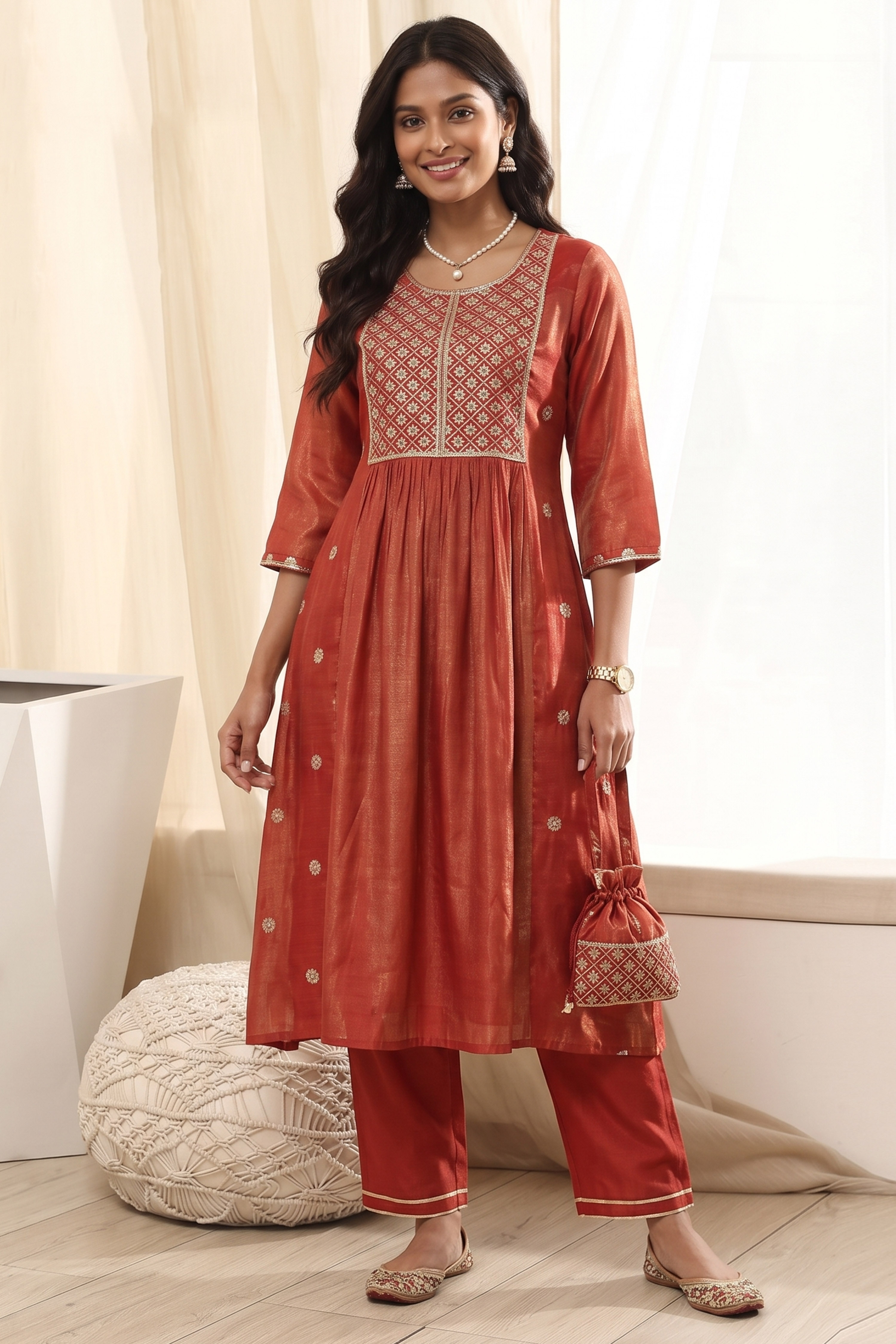 Yellow Polyester A Line Kurta image number 6