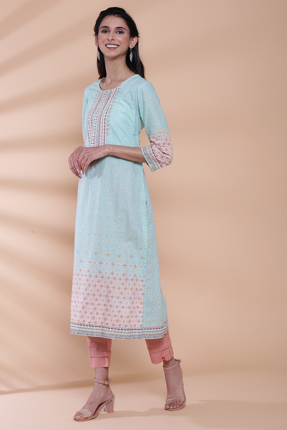 Mint Cotton Straight Printed Kurta image number 2