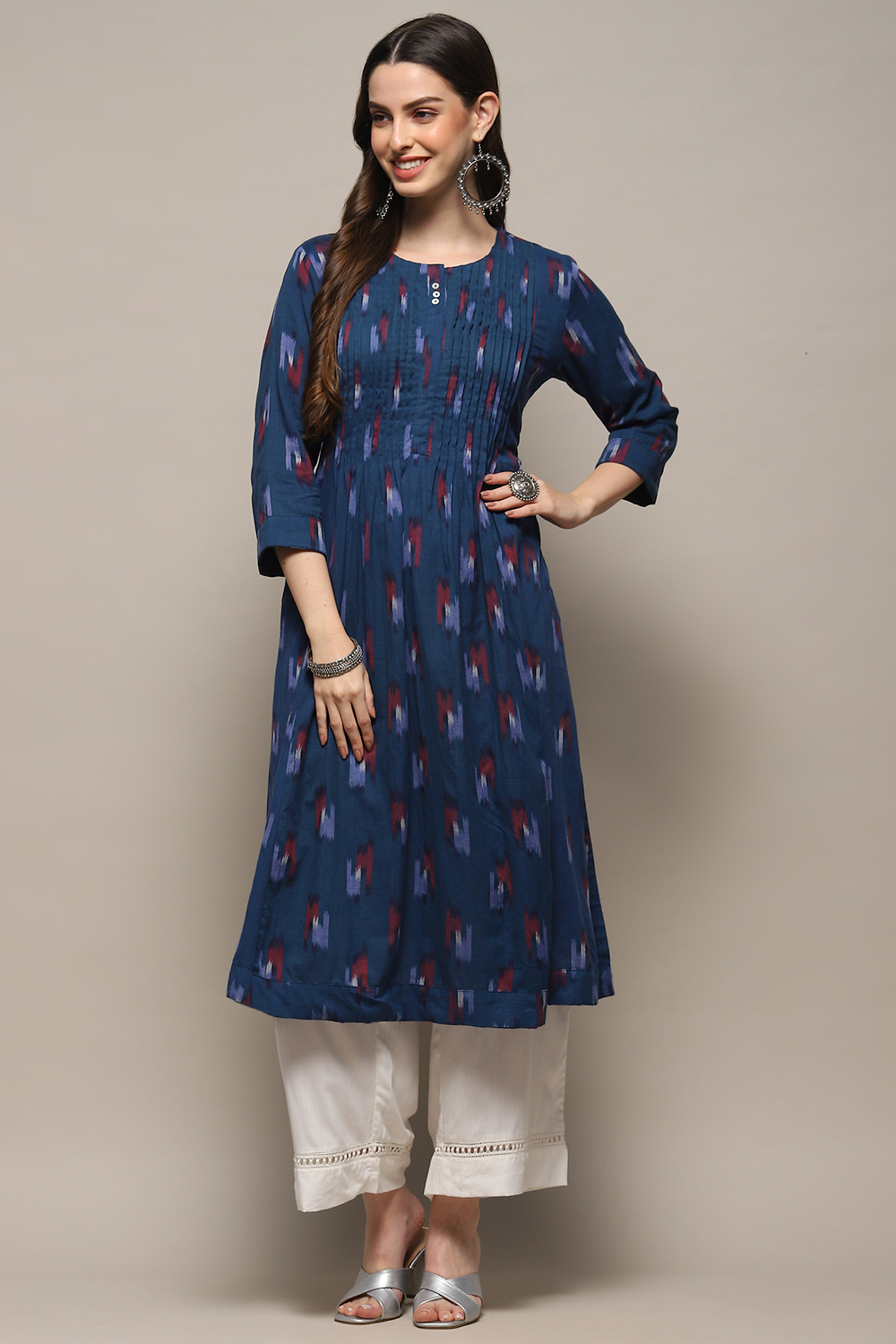 Navy Blue Cotton Printed Yard-Dyed Straight Kurta image number 5