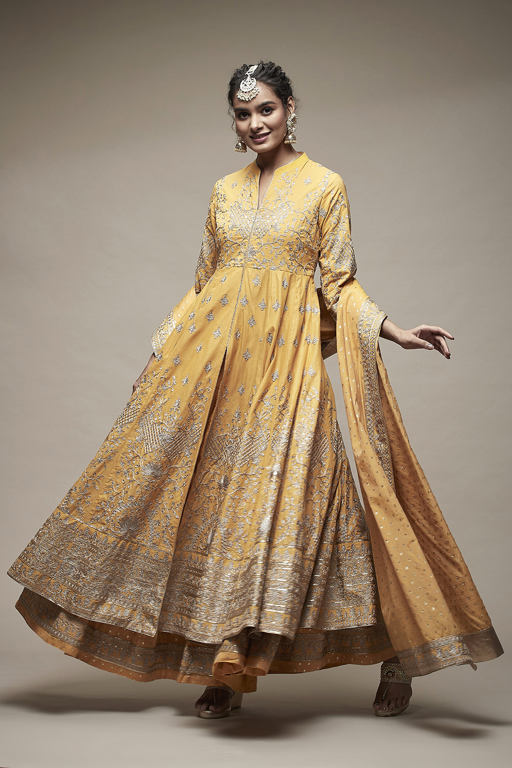 Mustard Cotton Anarkali Suit Set at Biba India