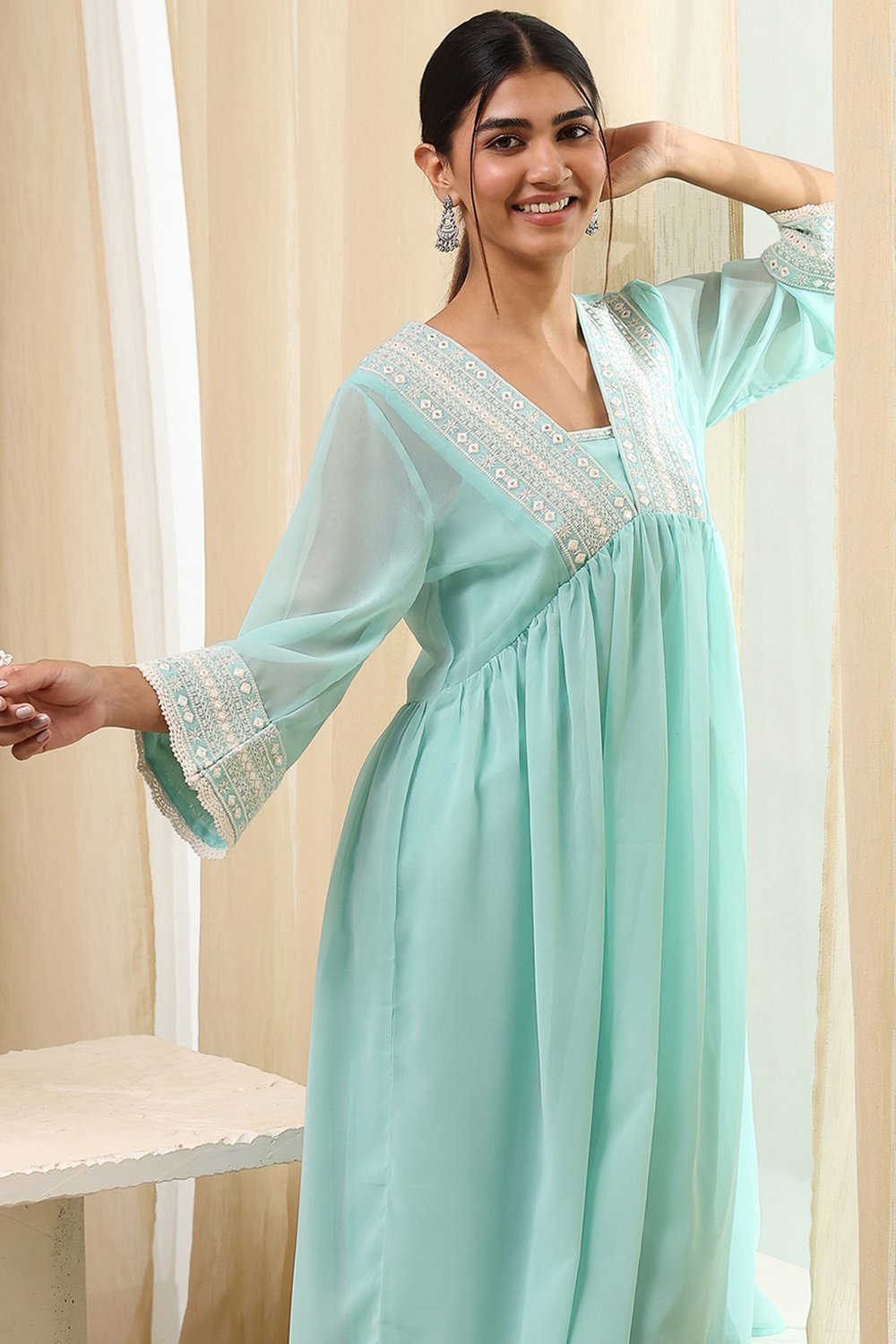 Aqua Polyester Straight Kurta image number 7