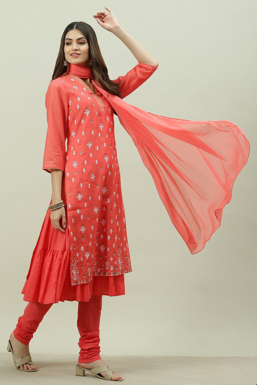 Coral Printed Layered Kurta Churidar Suit Set image number 8